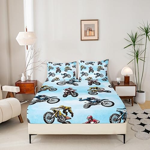 Miniatura 2 de Erosebridal Juego de sábanas de motocross tamaño Queen, sábana bajera ajustable de deportes extremos para niños y adolescentes, juego de ropa de