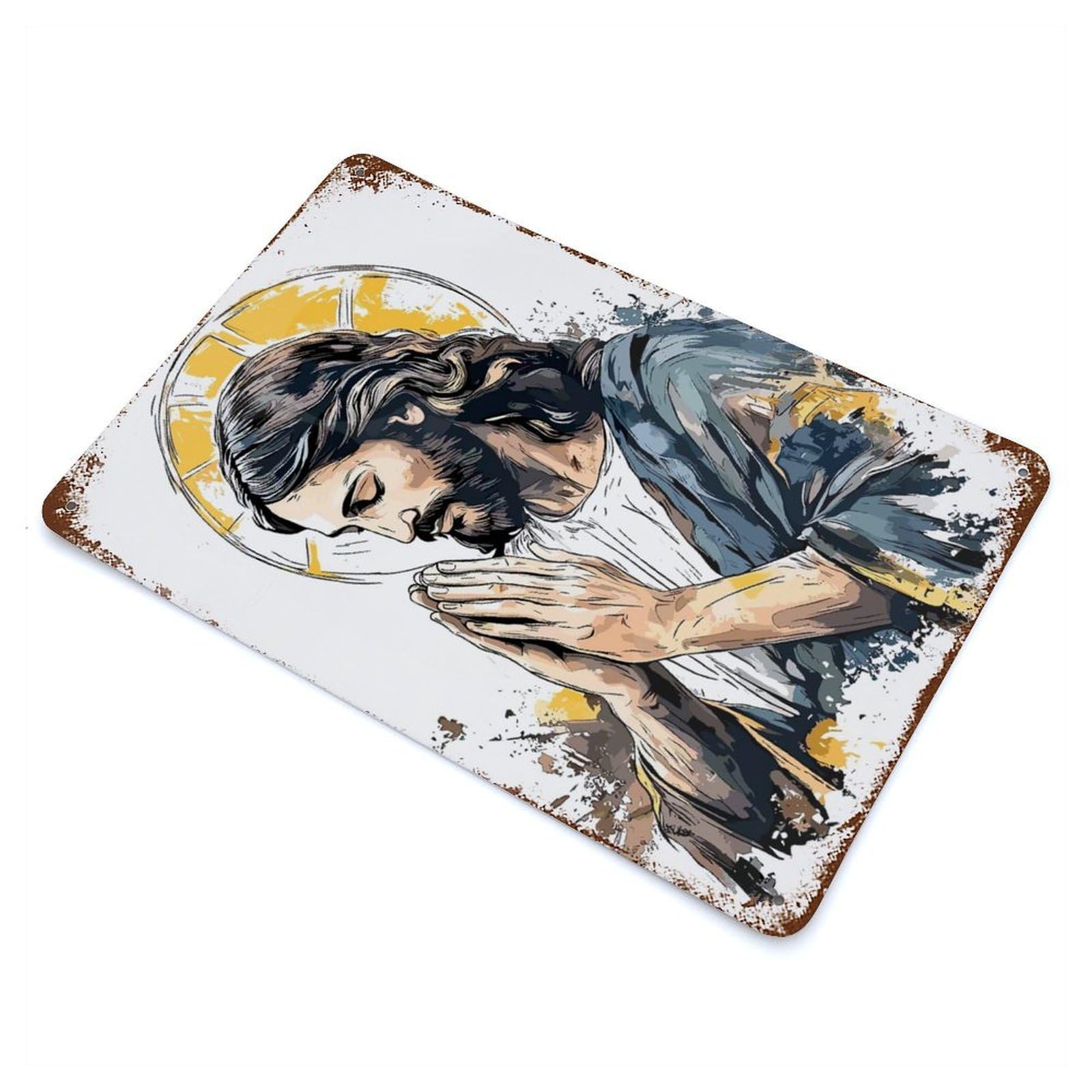 Jesus Christ in Prayer Illustration Vintage Rust Metal Sign 11.8"x7.9", Shabby Chic Decor for Garage, Pub Or Kitchen