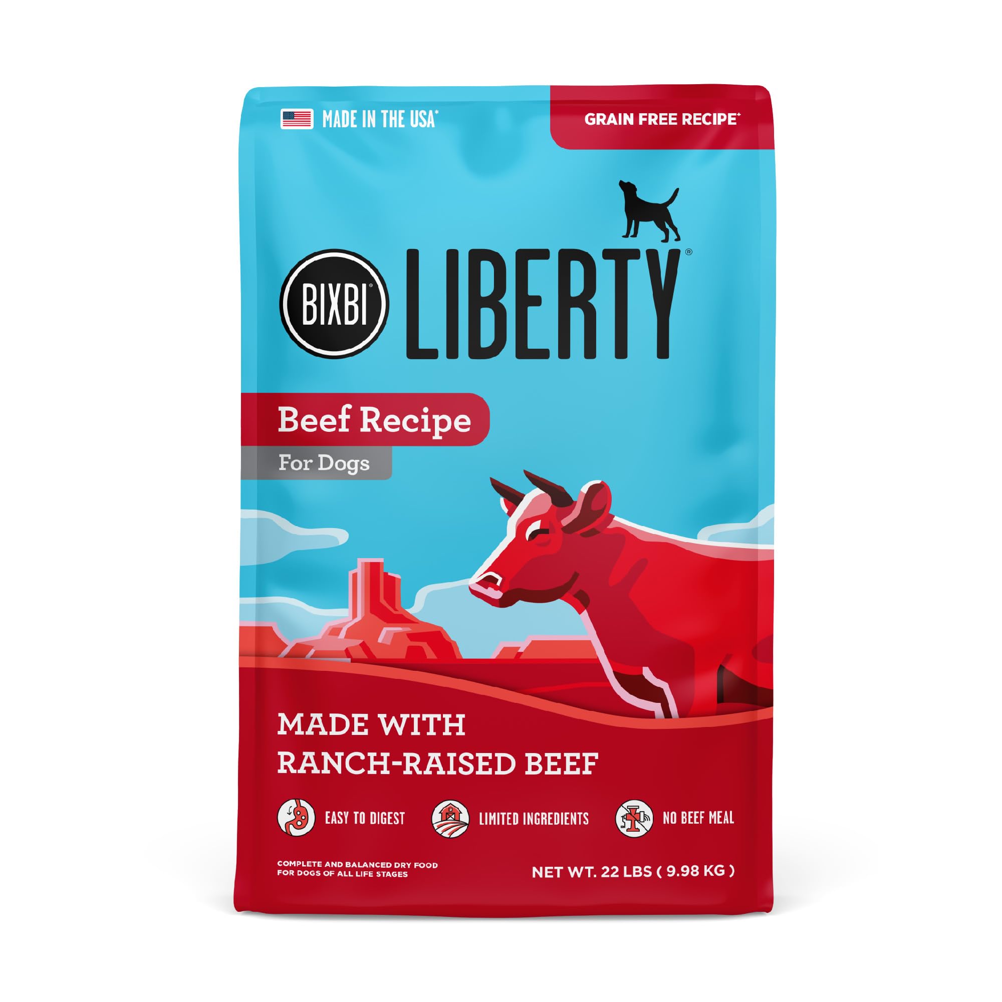 Liberty Grain Free Dry Dog Food, Beef, 22 lbs - Fresh Meat, No Meat Meal, No Fillers - Gently Steamed & Cooked - No Soy, Corn, Rice or Wheat for Easy Digestion - USA Made