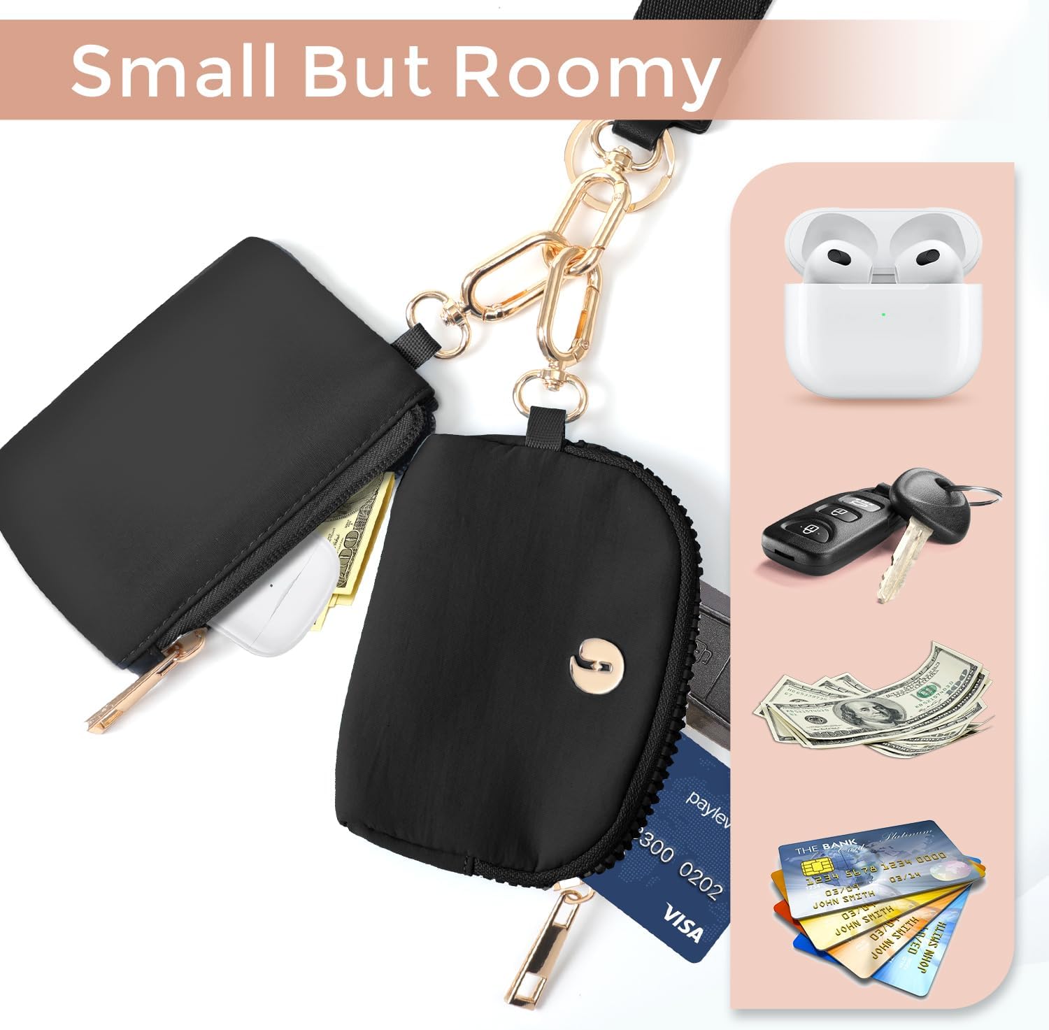 Dual Pouch Wristlet Keychain Wallets for Women with 2 Detachable Zipper Coin Purse - Small and Portable Mini Card Wallet for Women Men Gold Hardware Black+Black - Image 3