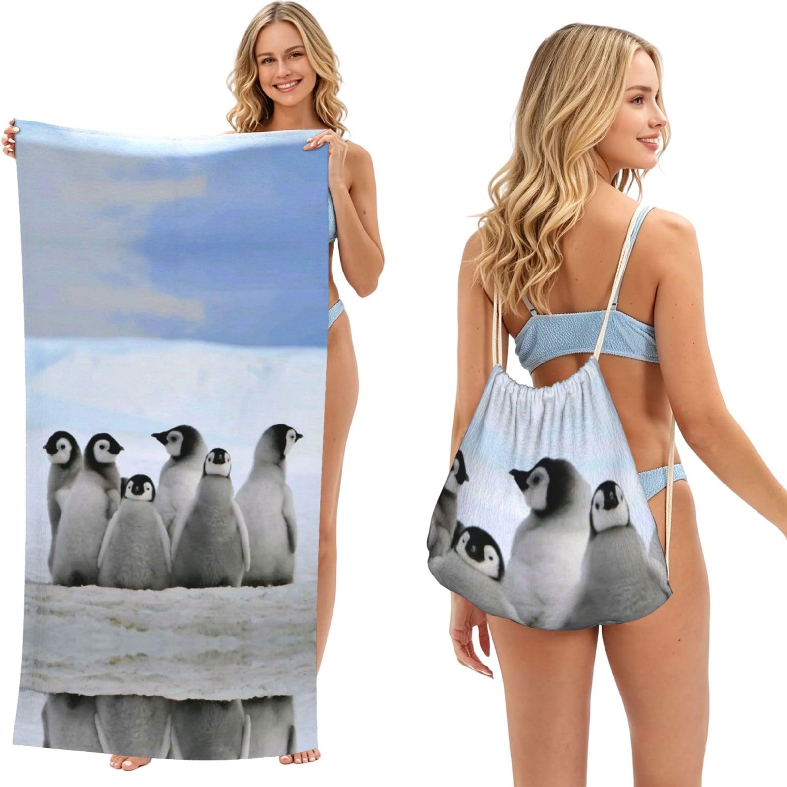 SATUSA Young Penguins With Snow Print 2-In-1 Foldable Beach Towel Backpack – Camping, Yoga And Travel,Bath Towel With Built-In Storage, Convertible Beach Mat & Carry Bag