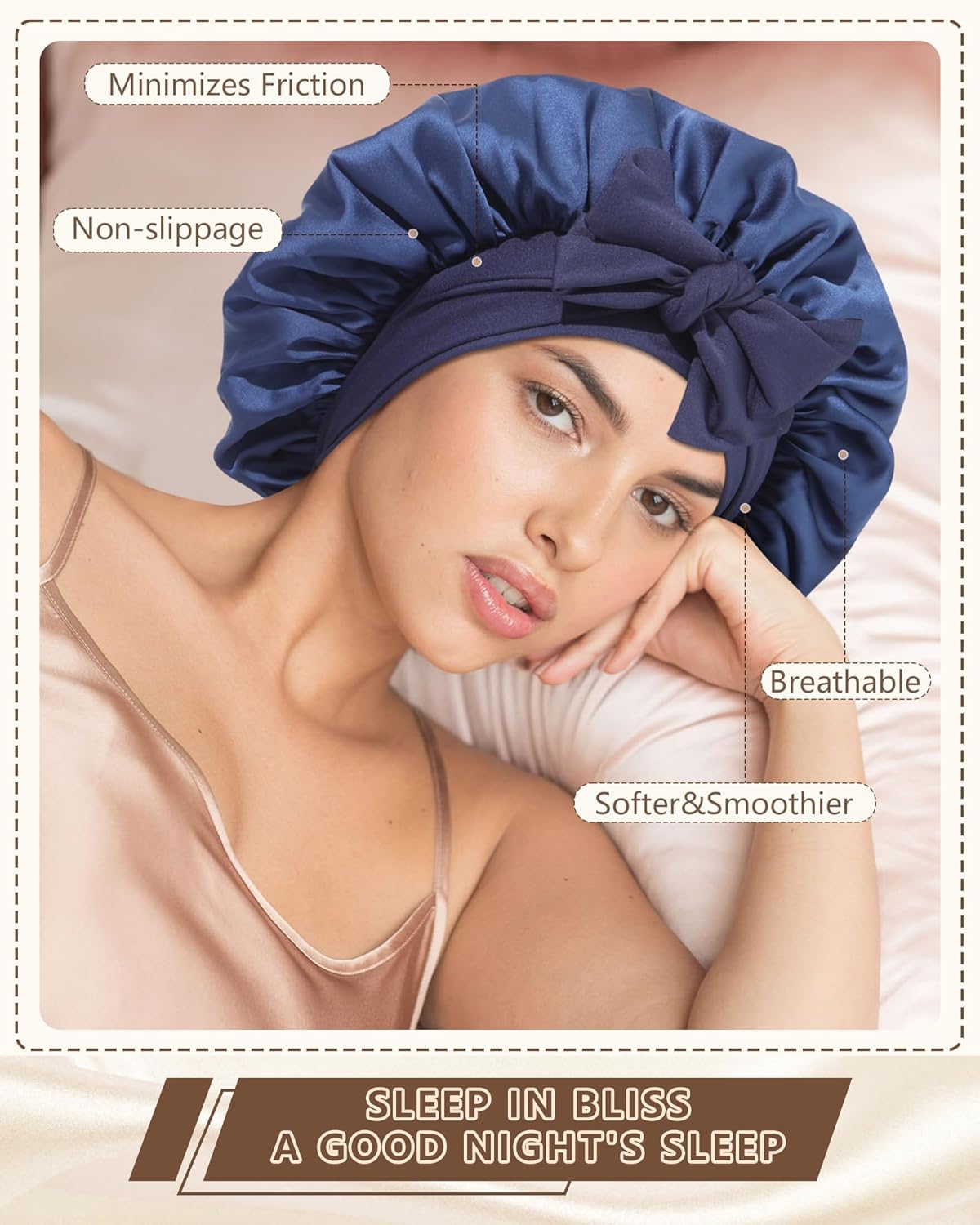 AWAYTR Women Satin Bonnet for Sleeping - Double Layer Silk Hair Bonnet with Elastic Tie Band for Braids Curly Hair - Image 7