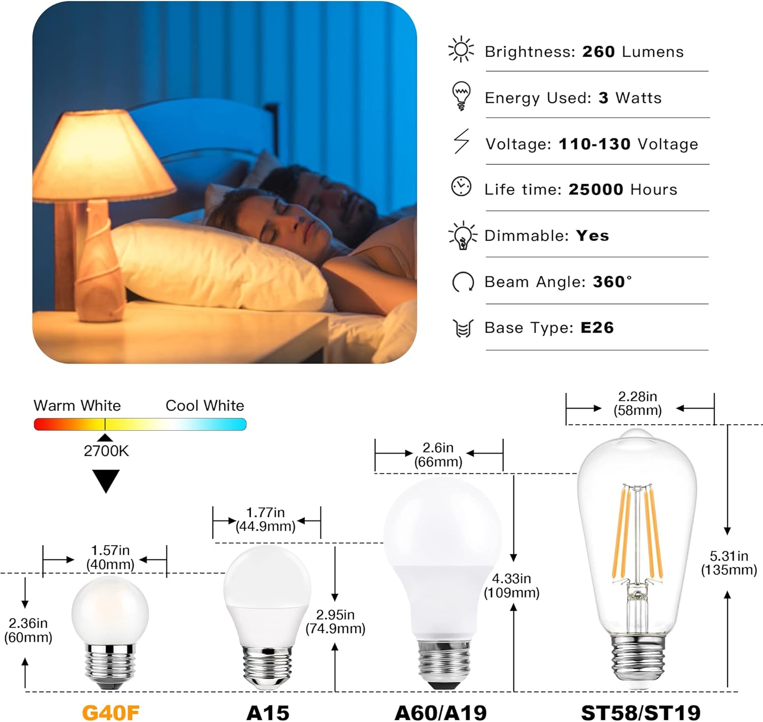 Dimmable LED 3W Small Light Bulb, 25w Equivalent E26 Standard Screw Base, G40 Soft Warm White 2700K 260lm Frosted Lights Bulb for Bathroom, Bedroom, Table Lamp Bulb, Bedside Accent Pack of 6