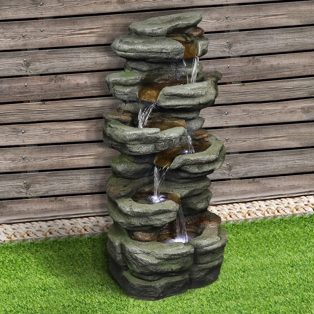 Maykoosh Tiered Cascade Water Fountain with Hand-Painted Fiberglass and Resin, Brown and Grey, Weatherproof, Includes Recirculating Pump, Adjustable Flow Rate for Indoor/Outdoor Use