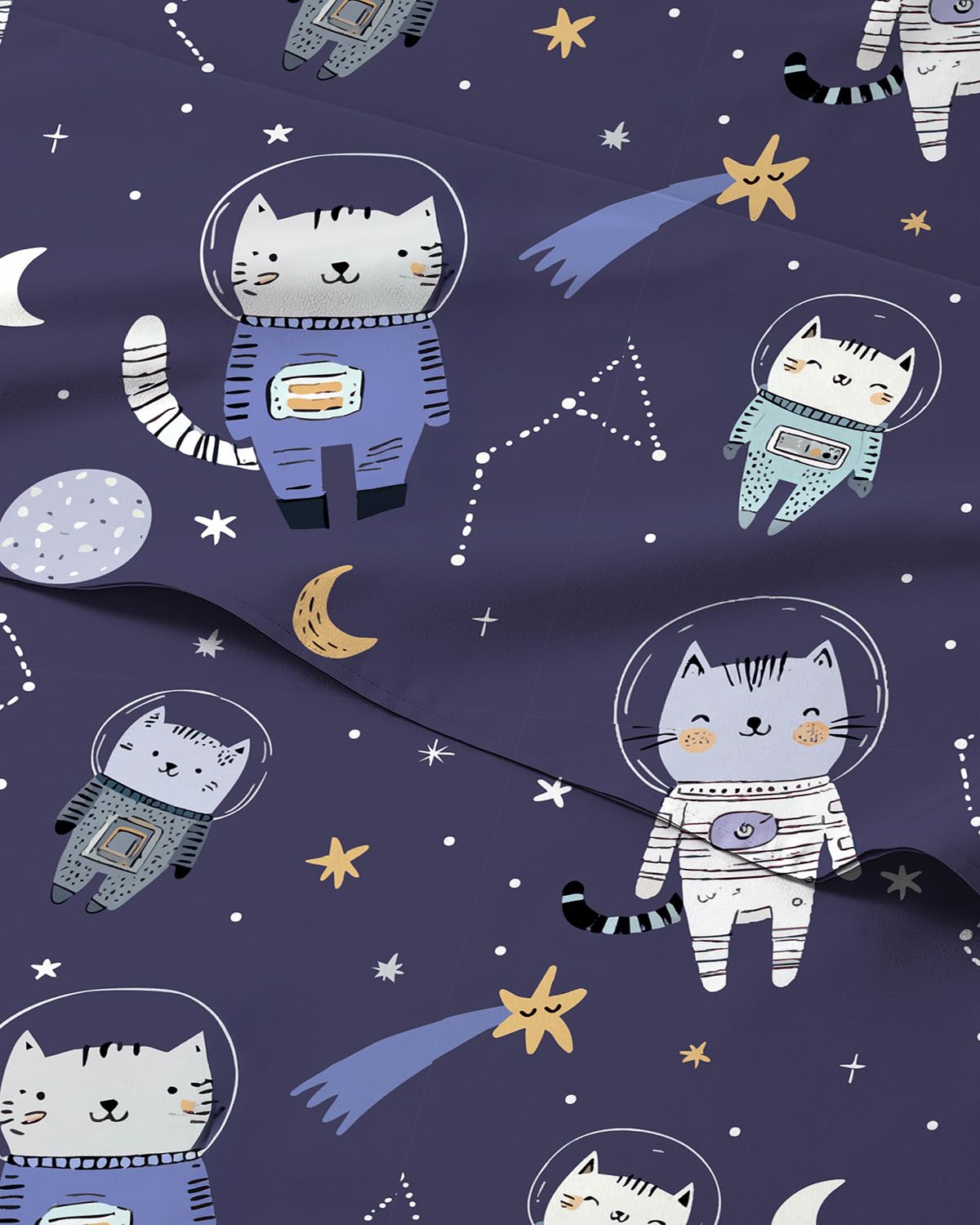 Kids Full Size Cat Bed Sheets - 4 Piece Kids Cat Sheet Set - Galaxy Astronaut Bedding - Ultra-Soft, Cute &amp; Cozy - Breathable &amp; Machine Washable - Wonderful Bed Set for Boys, Girls, Teens &amp; Toddlers