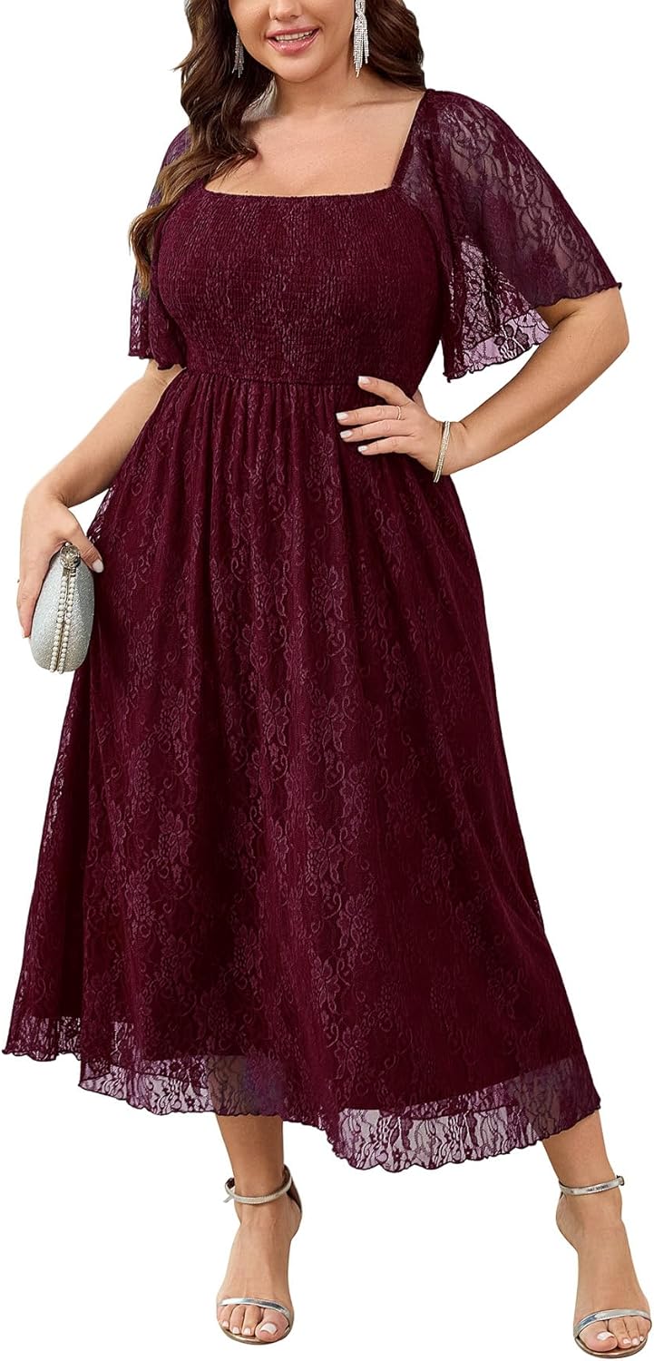 SCOMCHIC Women's Plus Size Wedding Guest Dress Formal Lace Square Neck Short Sleeve Smocked Flowy Cocktail Maxi Dresses