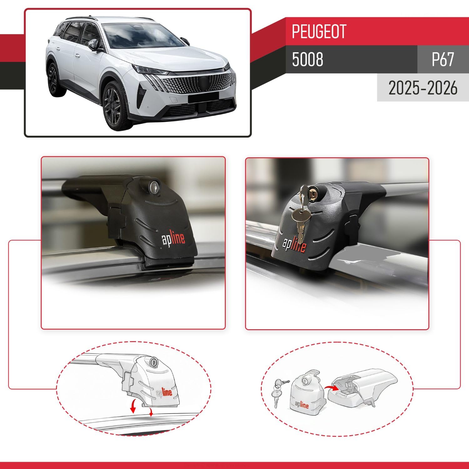 Compatible avec Peugeot 5008 (P67) 2025-2026 ACE-2 Modèle Barres de Toit Railing Porte-Bagages de Voiture Aluminium Gris 2 Barres