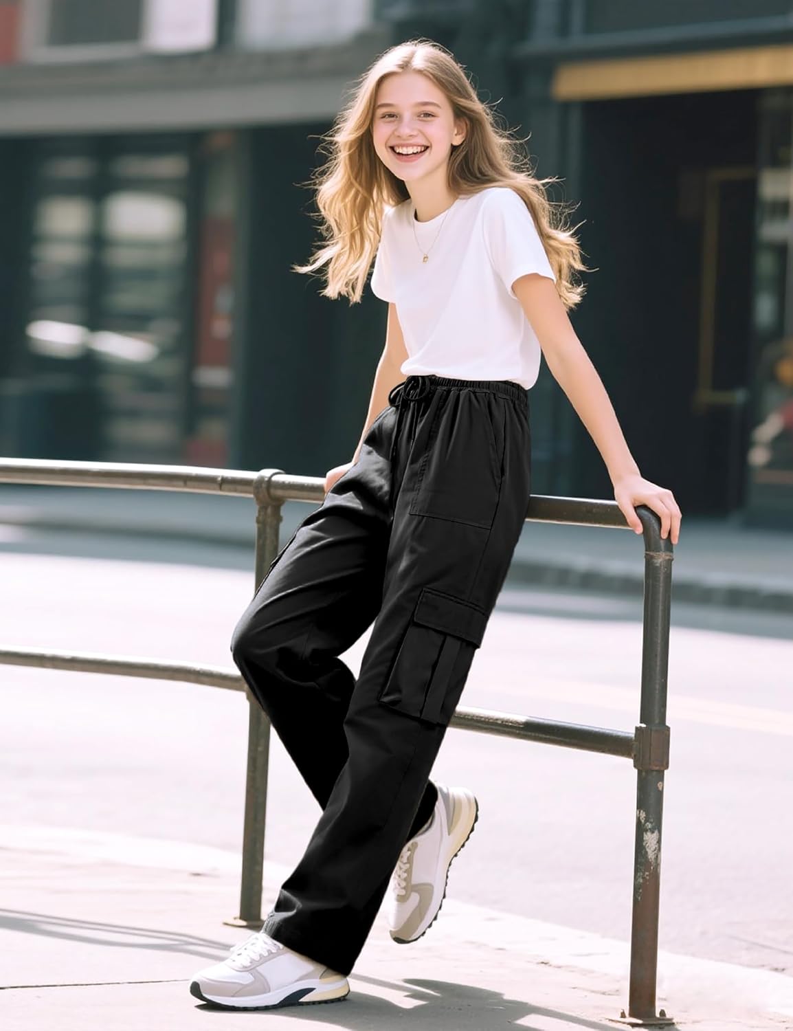 HASMES Girls Cargo Pants Kids Lightweight Hiking Pants Water Resistant Joggers with Pockets 7-15Y - Image 3