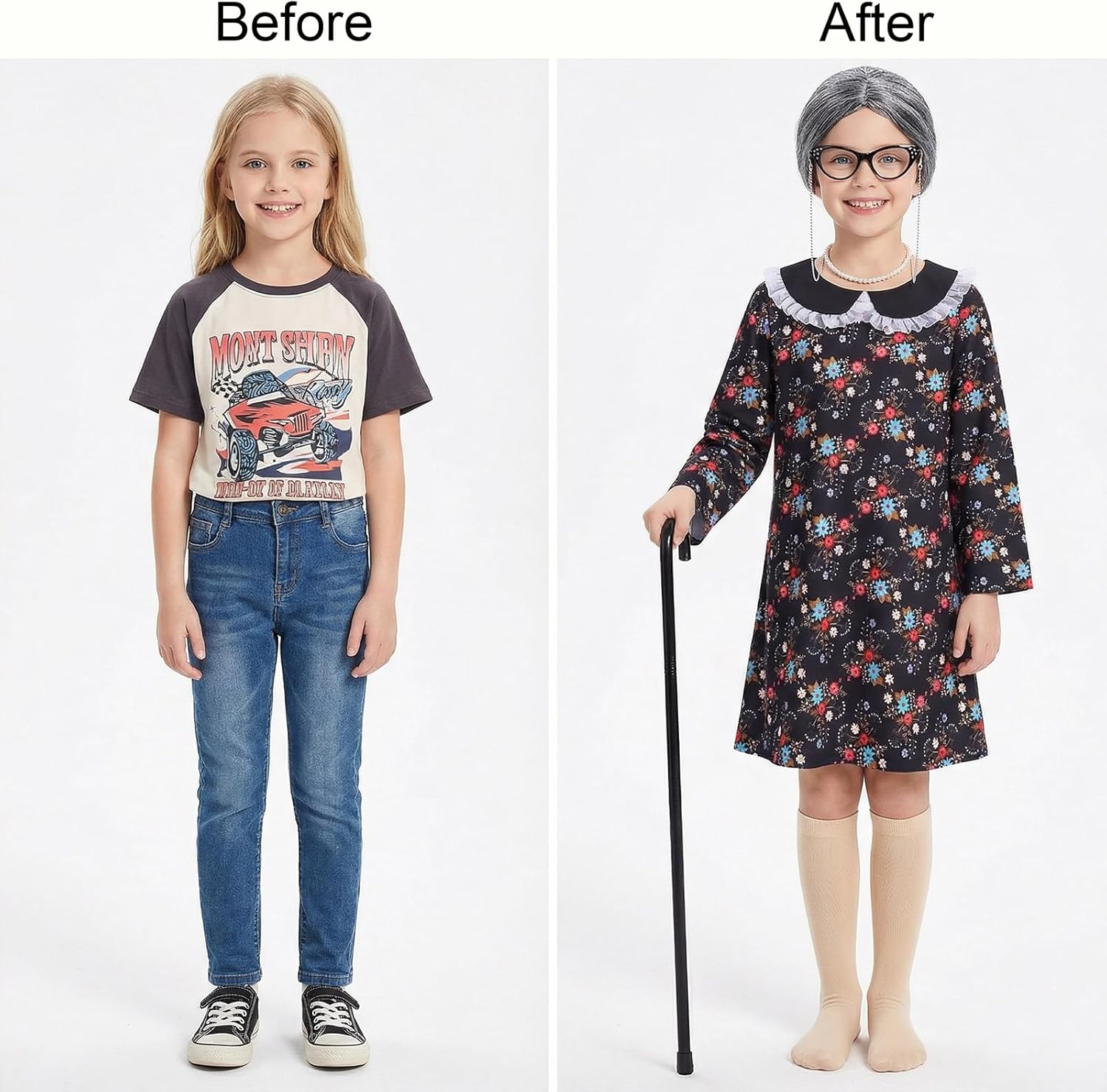 Mprocen Old Lady Costume for Kid 100 Days of School Costume for Girl Granny Nightgown Dress Wig Cane Dress up Accessories Set - Image 5