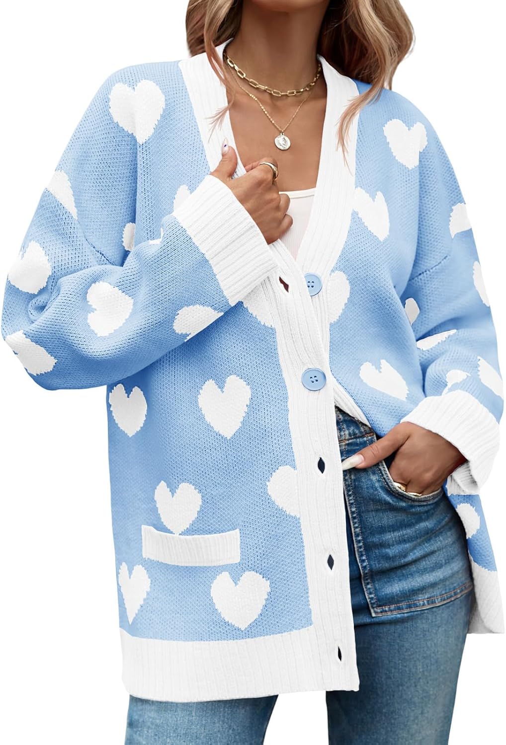 Saodimallsu Womens Oversized Heart Cardigan Color Block V Neck Button Long Sleeve Chunky Valentines Sweaters - Image 2