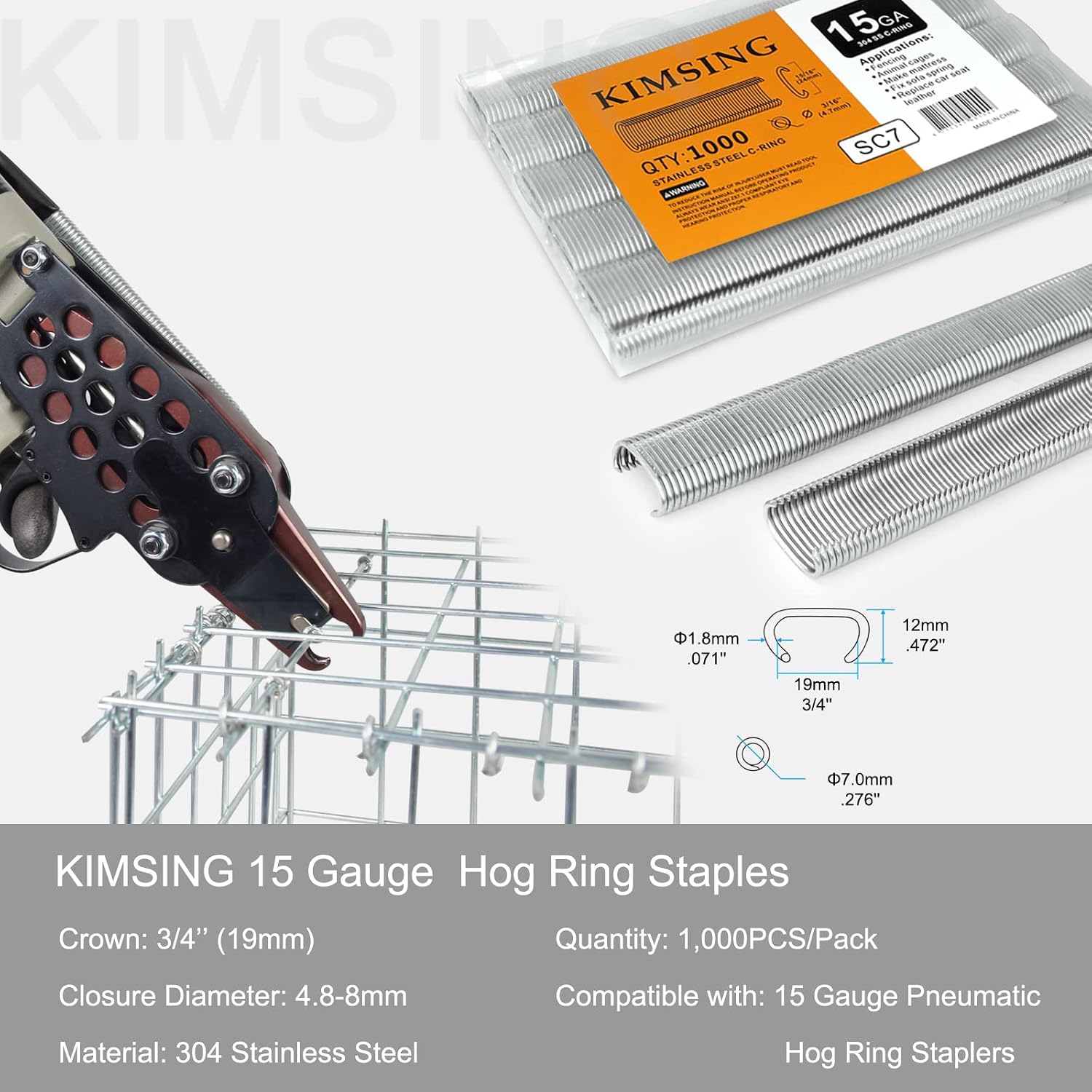 KIMSING SC7 (304SS)-15 Gauge C Ring Staples Hog Rings 304 Stainless Steel