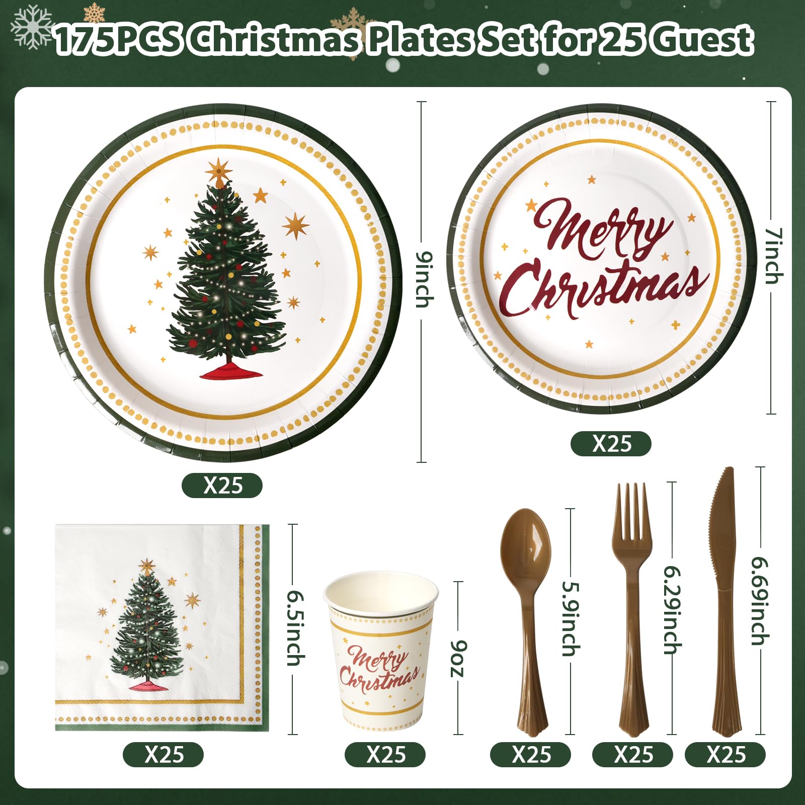 Dereinwo 175 Pcs Christmas Tree Party Supplies Table Set Christmas Paper Plates Napkins Cups Forks Knifes Spoons for Xmas Green and White Disposable Paper Dinnerware Table Decoration
