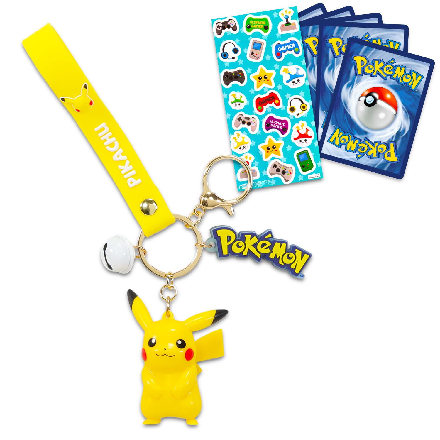 Pikachu Keychain Bundle ~ Deluxe Silicone 3D Character Figure Pokemon Keyring with Strap, Charm, and Bell Plus Pokemon Cards, More | Pokemon Pikachu Key Ring for Backpack