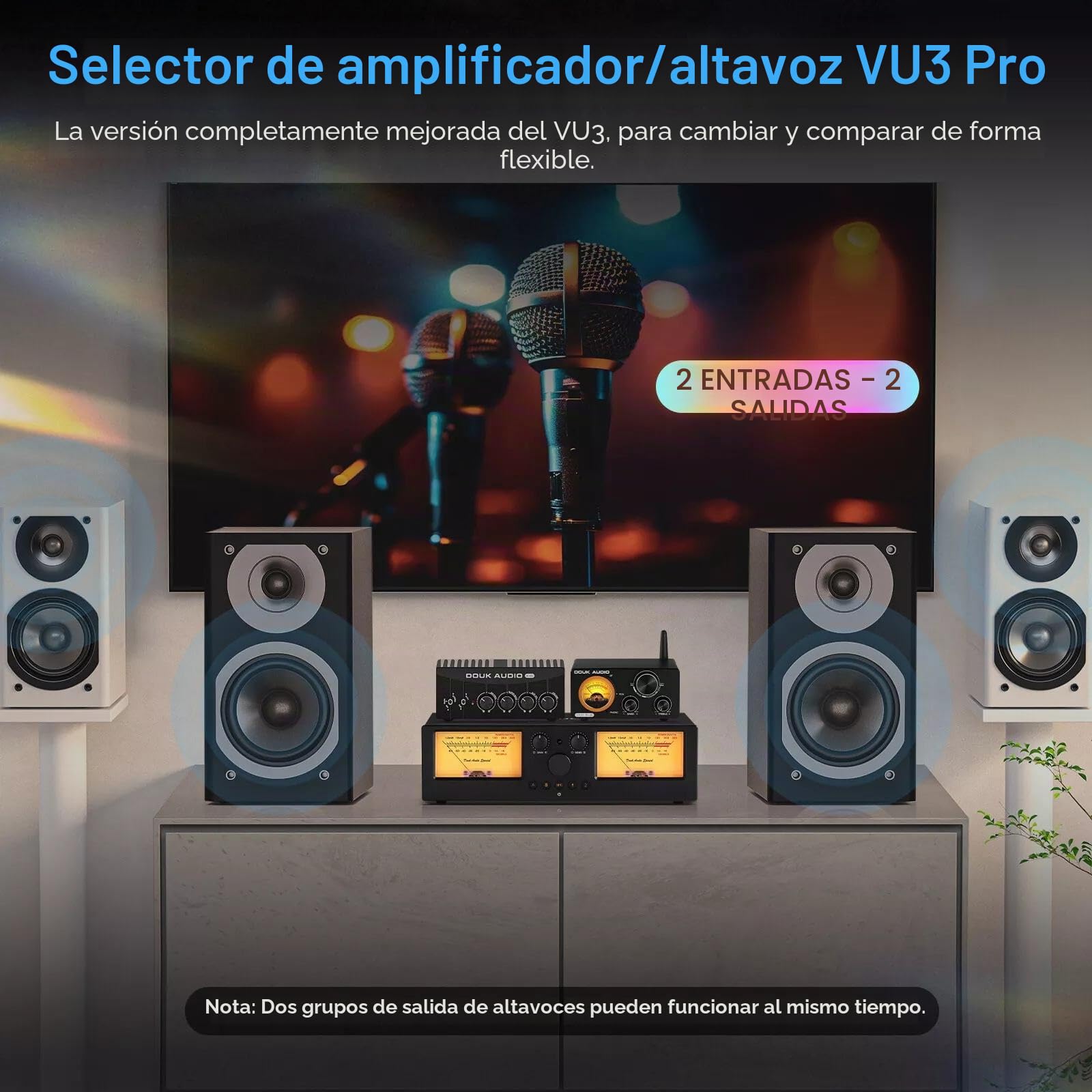 DoukAudio VU3PRO - Medidor VU analógico dual, interruptor de amplificador de 2 vías, selección de altavoces, amplificador de audio, 2 en 2 salidas con pastilla MIC y pantalla de panel DB