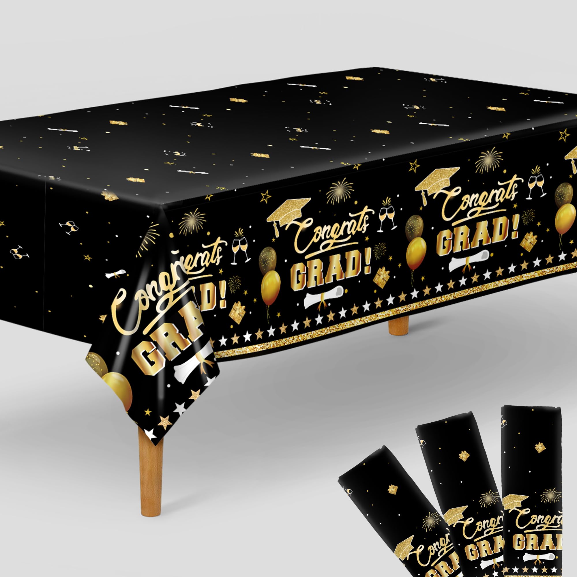 KatchOn, Black and Gold Graduation Decoration 2025 - XtraLarge 54x108 Inch, Pack of 3 | Congrats Grad Tablecloth for Graduation Decorations 2025 | Graduations Table Decorations, Grad Party Supplies