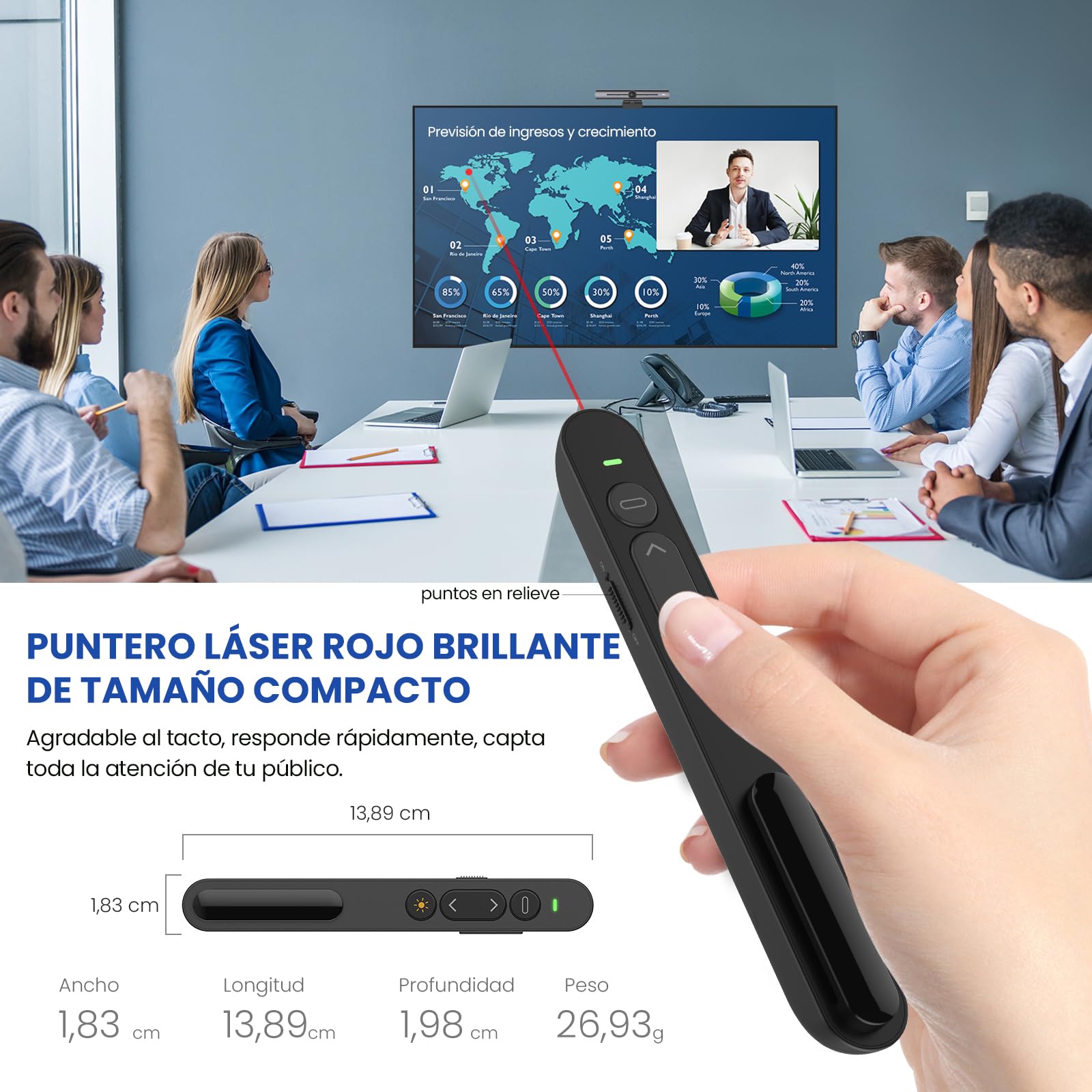 Puntero Presentaciones, Presentador de Diapositivas Remoto Mando para PowerPoint/Keynote/Hyperliens/Google Slides/PDF/MS Word para conferencias, reuniones, informes, PowerPoint, etc. Plug & Play