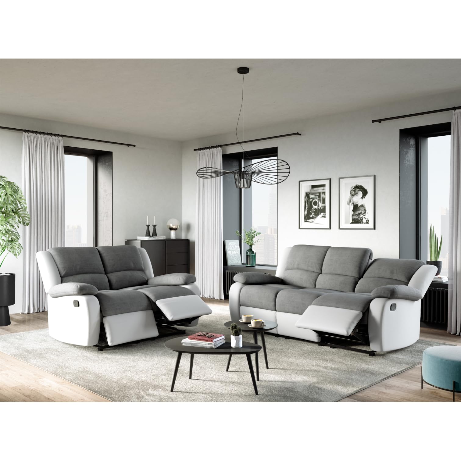 LOUNGITUDE - DETENTE - Canapé de relaxation - Manuel - 2 Places - En Simili/Microfibre - Gris/Blanc -L143cm