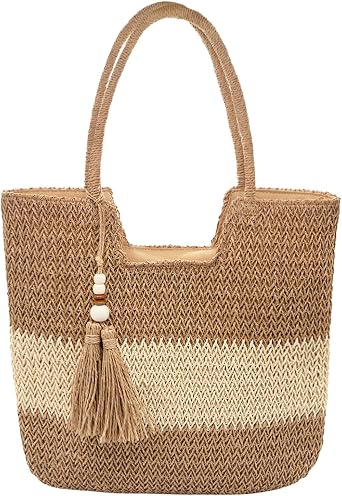 Long Keeper Beach Bags for Women Summer Straw Bag with Zipper Woven Shoulder Handbag Beach Tote Bags for Travel Vacation