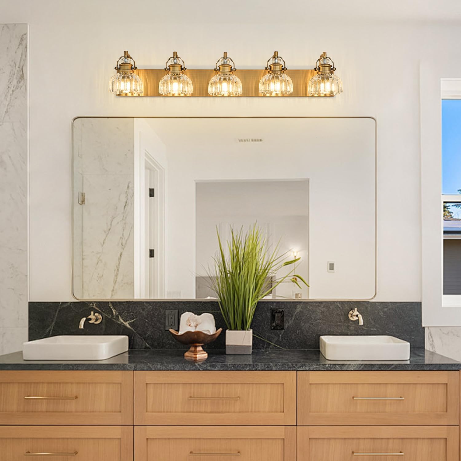 5-Light Bathroom Vanity Light, 47.72 Inch Brushed Brass Vanity Lights for Bathroom Mirror, E26 Base Vanity Lighting Fixture, Bathroom Vanity Makeup Dressing Table