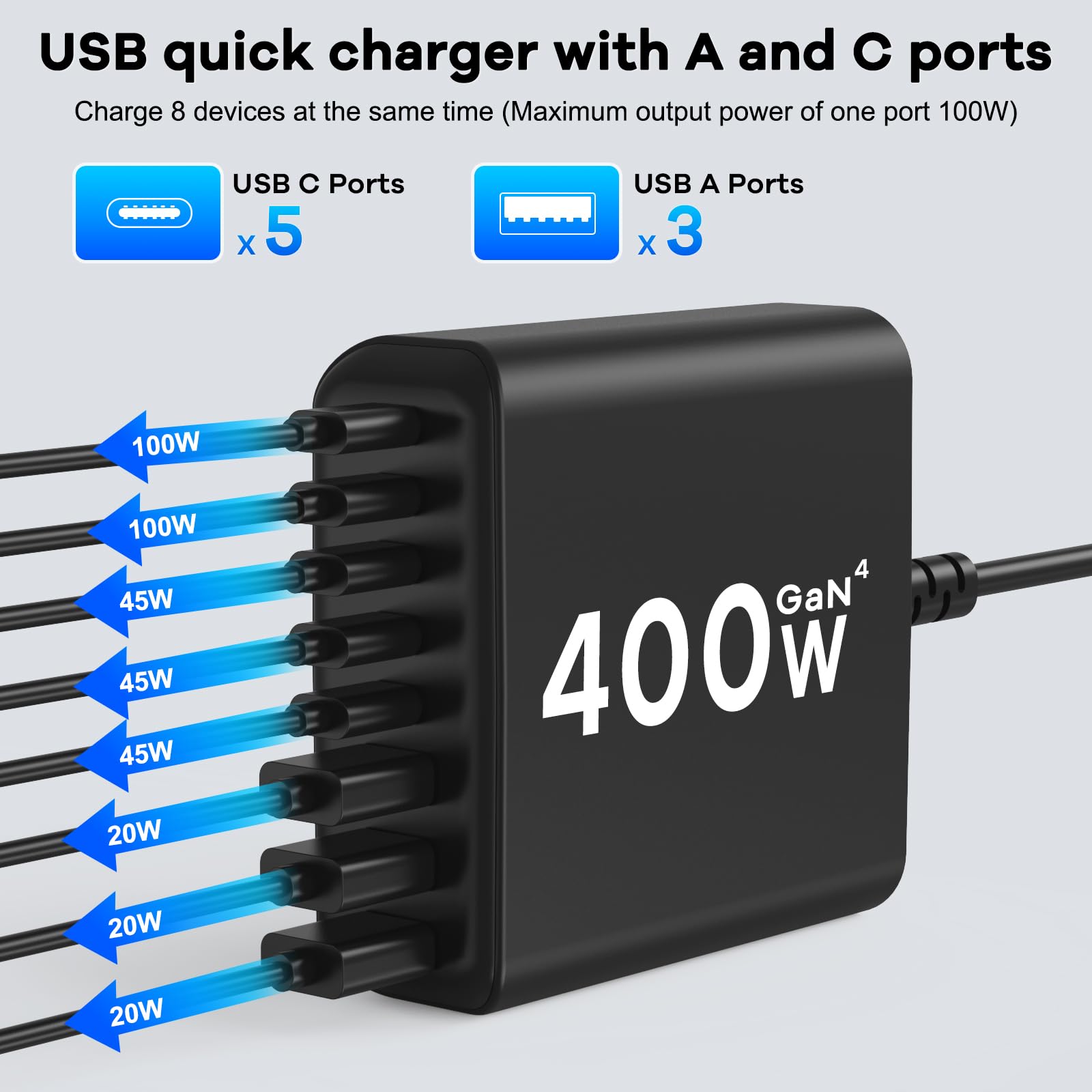 Chargeur USB C 400 W, GaN IV 8 ports, chargeur rapide, 400 W, 8 ports, compatible avec MacBook Pro/Air, iPad Pro/Air, iPhone, Android, etc. (noir, 8 ports-400 W)