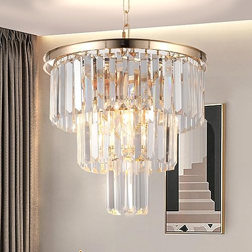 Gold Crystal Chandelier, Round Modern Chandelier Ceiling Light, 3 Tier Adjustable K9 Crystal Lighting,5 Light Chandelier for Dinning Room Bedroom Foyer Living Room