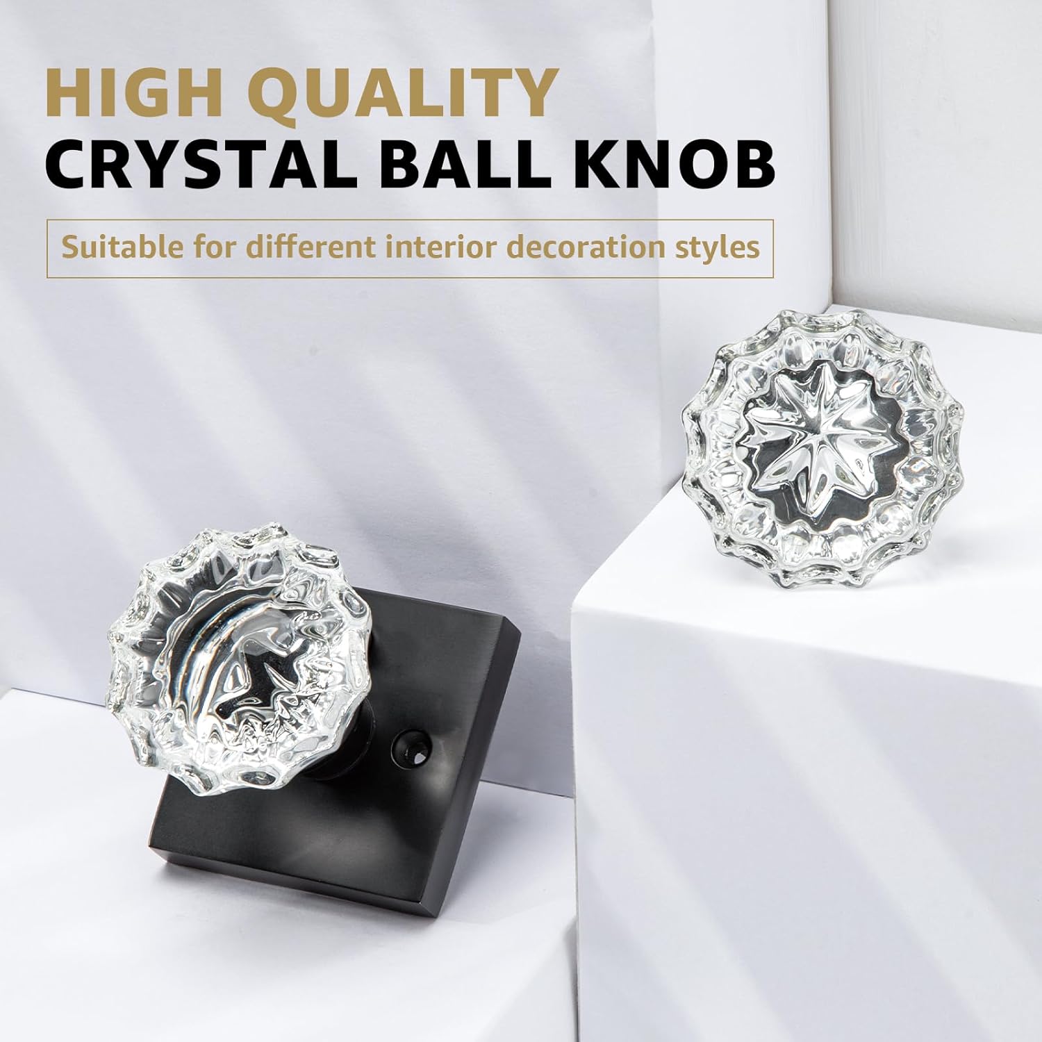 Black Privacy Door Knob with Lock and Push Pin - Glass & Zinc Alloy for Bedroom Bathroom Interior Doors