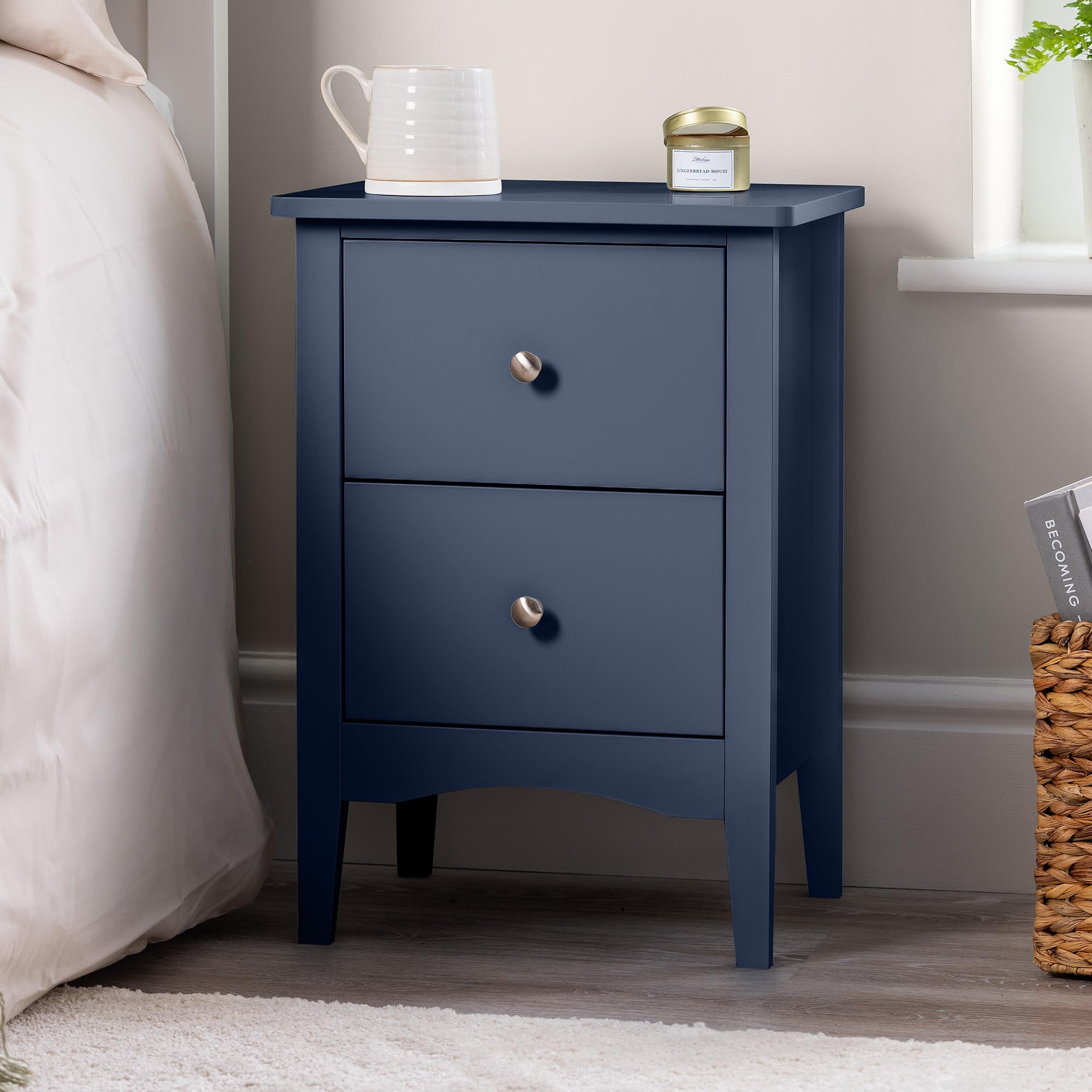 Christow Navy 2 Drawer Bedside Table, Modern Bedroom Nightstand, Wooden Mdf Side End Stand For Living Room Hallway Sofa, Brushed Chrome Handles, Smooth Glide Runners (H57cm X W40cm X D30cm)