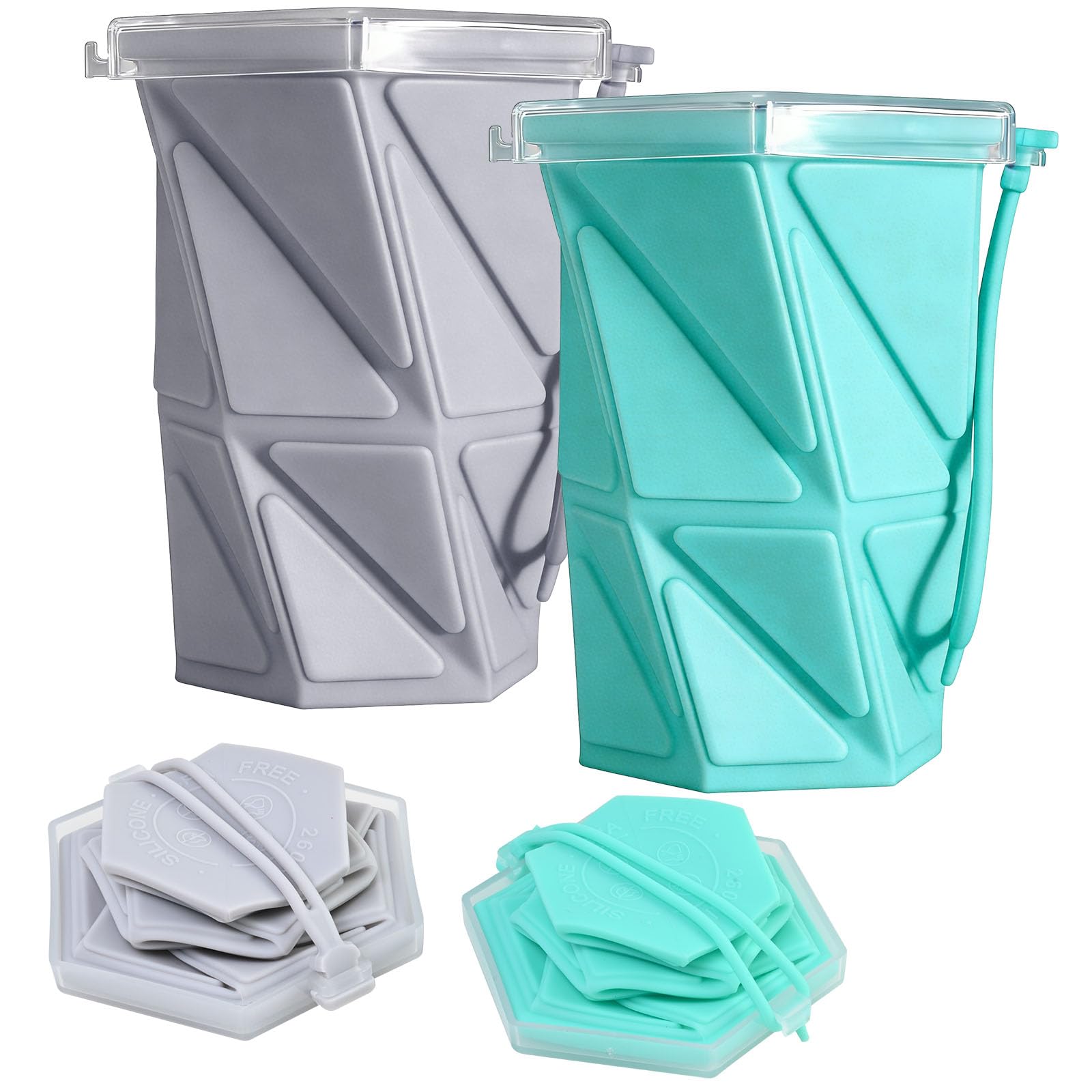 Solvio 2 Pack Collapsible Cup with Lids, BPA Free Silicone Foldable Travel Mug, 260ml Reusable Portable Camping Cup Set for Outdoor Hiking, Picnic, Office and Hot Drinks (Blue and Grey)