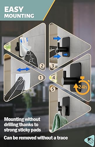 Miniatura 3 de Menz Paquete de 6 ganchos adhesivos para toallas para baños, color negro, perchero autoadhesivo duradero, ganchos de pared adhesivos, soporte para