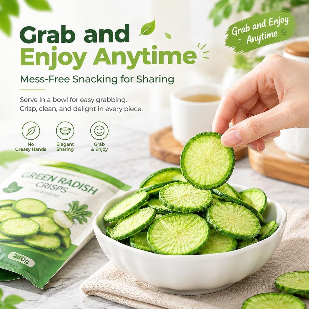 Grüner Rettich Chips, Getrocknete Rettichscheiben, Gemüsesnack, 500g