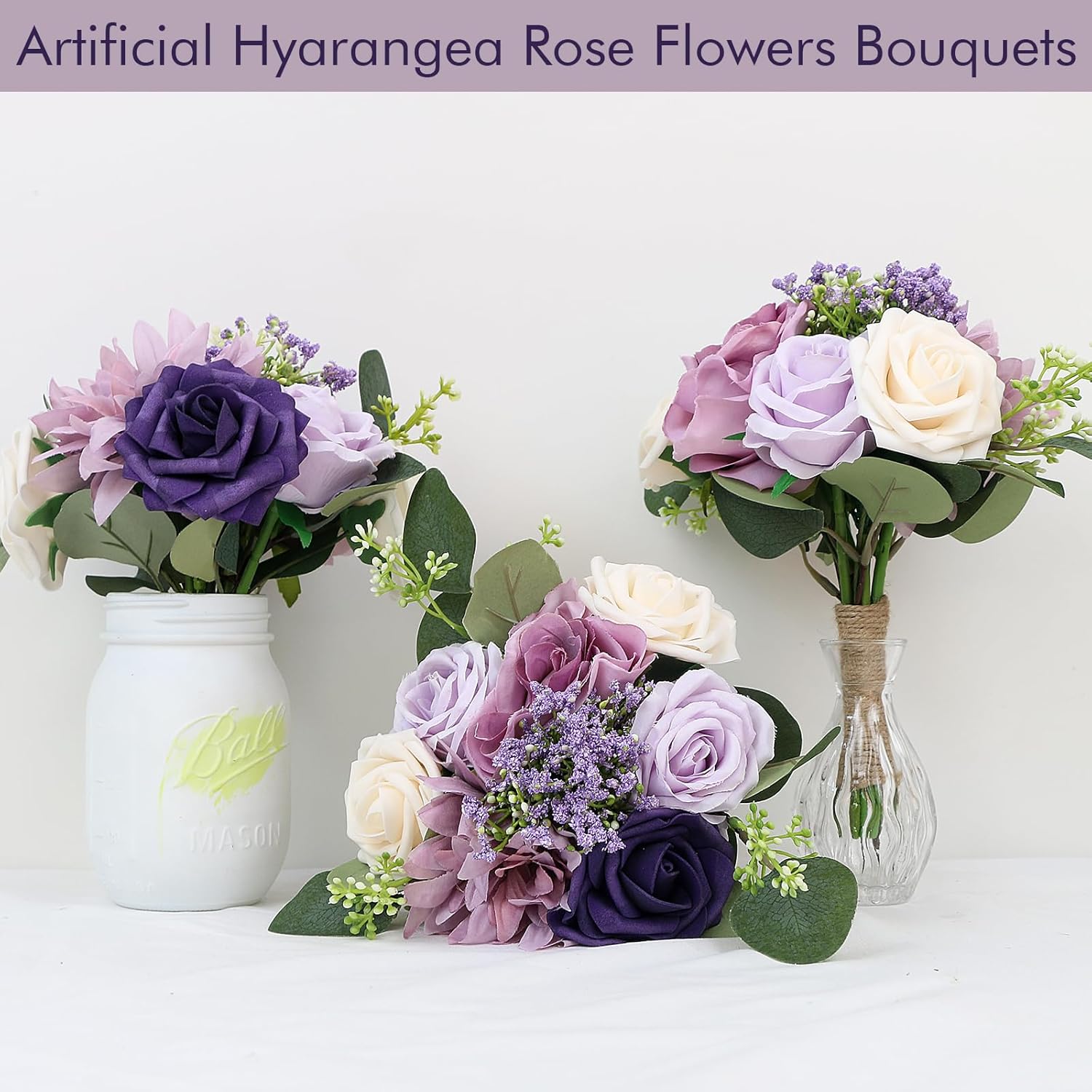 Artificial Bridesmaid Bouquets 4Pcs -7 Inch Bridesmaid Bouquets Fake Floral Silk Rose Handmade for Wedding Holding Flowers, Bridal Shower,Engagement Wedding Ceremony Anniversary - Lilac