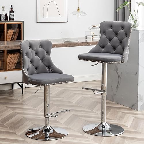 Juego de 2 taburetes de bar de terciopelo, taburetes de bar giratorios de altura de mostrador con ribete de cabezas de clavos y botón, taburetes de