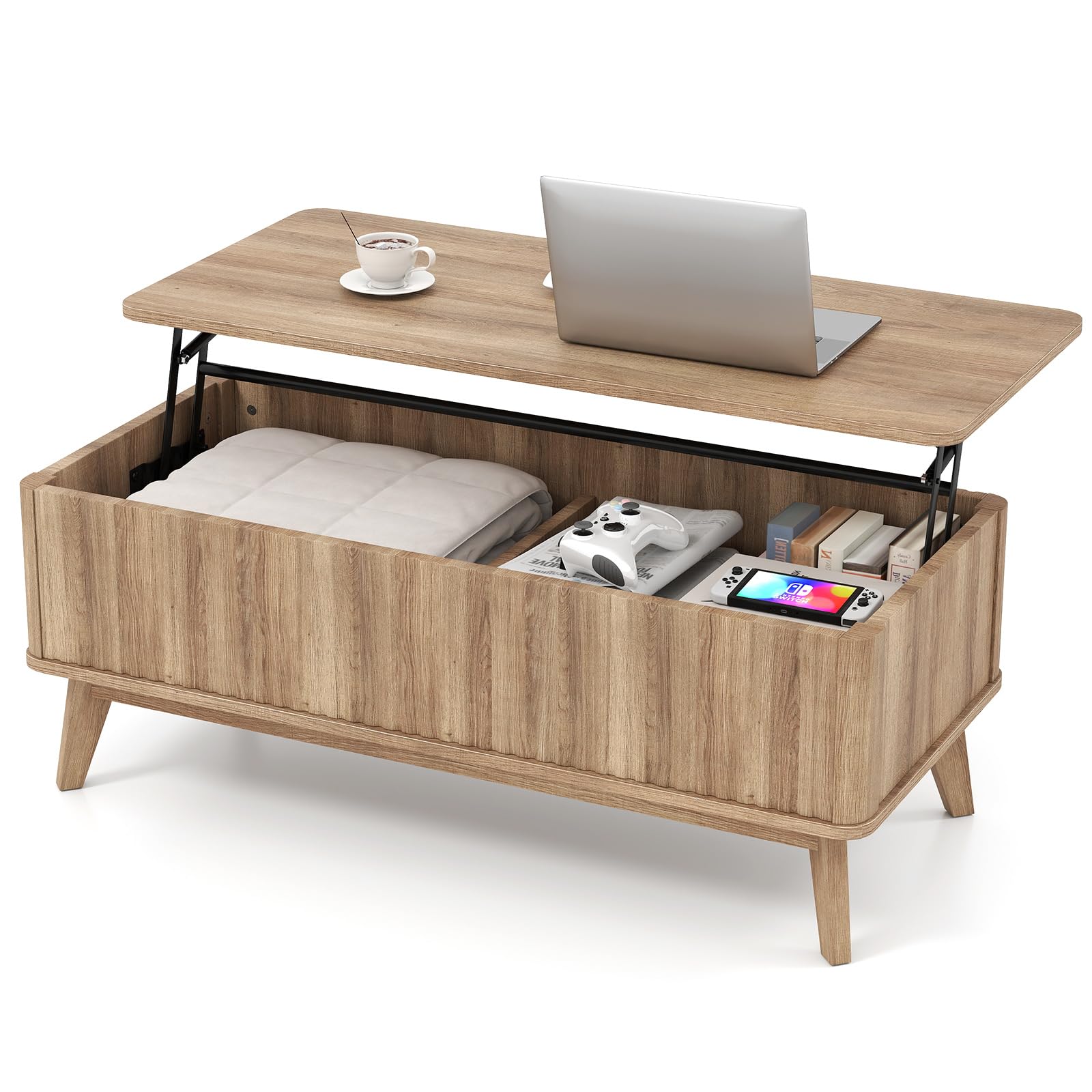 COSTWAY Lift Up Top Coffee Table, Rectangle Lifting Cocktail Center Table with Hidden Storage Compartments & Rubber Wood Legs, Accent Sofa Side Tea Tables for Living Room Office (Oak, 110x50x42/56cm)