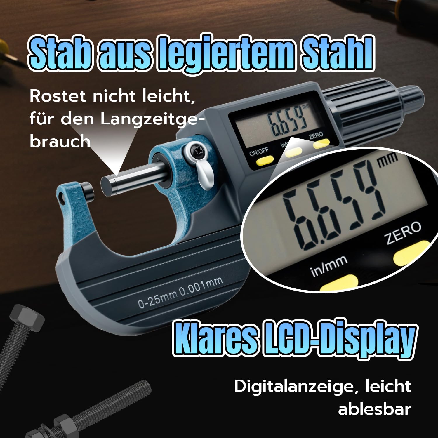 Digitales Mikrometer 0-25mm Mikrometerschraube Digital mit LCD-Display, Bügelmessschraube Elektronisch, 0.001mm Hohe Präzision, mm/Zoll für Werkstatt & Heimwerker