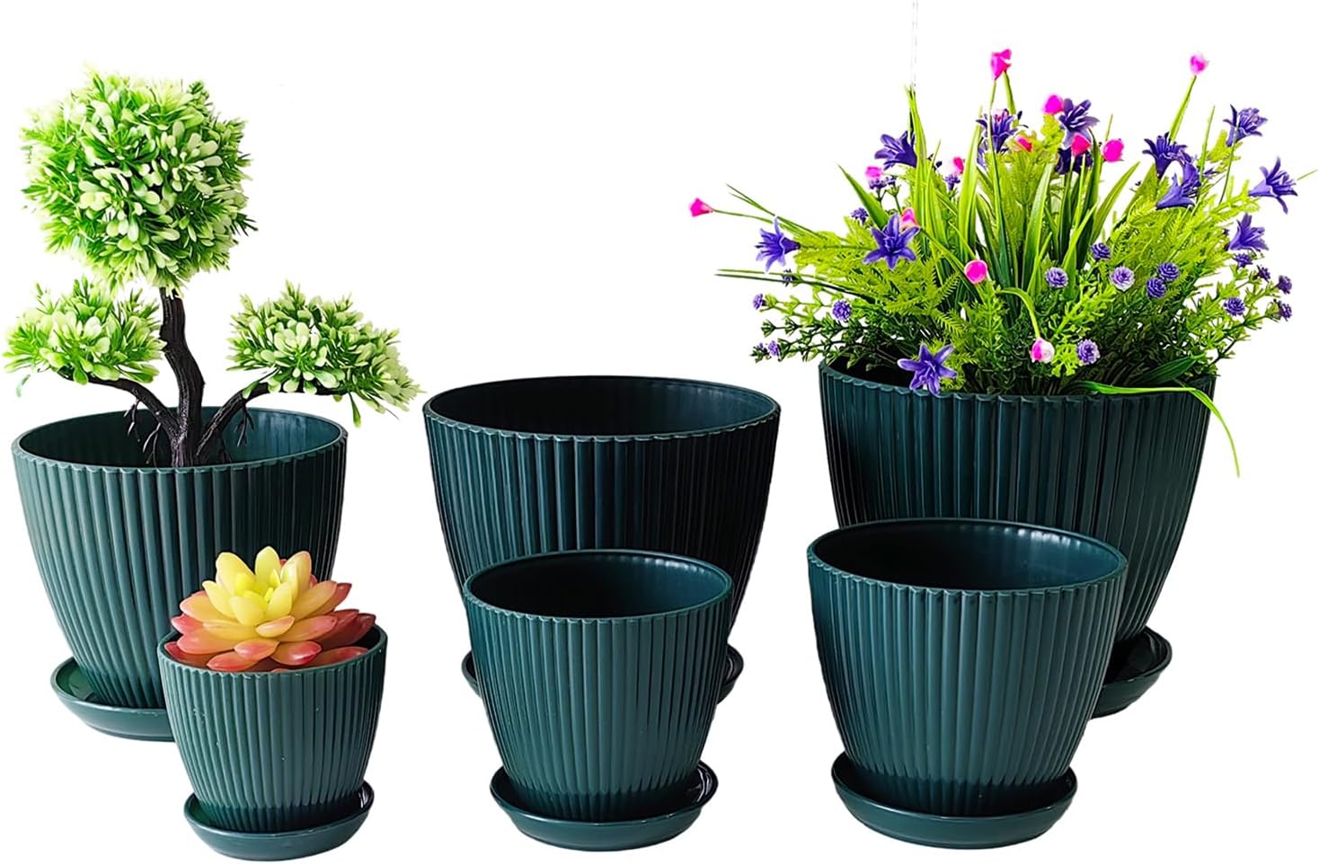 7.5/6.5/5.5/4.9/4.2/3.5 Inch Plant Pots with Saucers & Drain Holes - Indoor/Outdoor Flower Pots for Succulents, Herbs, Cactus - Modern Lightweight Durable Planter Set, Dark Green