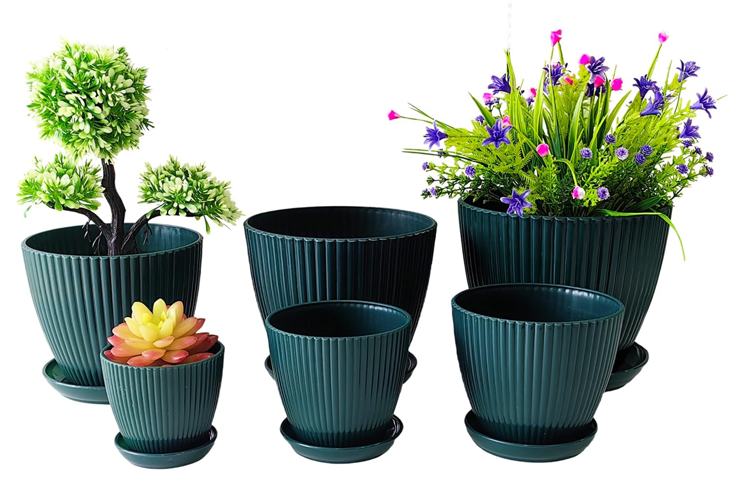7.5/6.5/5.5/4.9/4.2/3.5 Inch Plant Pots with Saucers & Drain Holes - Indoor/Outdoor Flower Pots for Succulents, Herbs, Cactus - Modern Lightweight Durable Planter Set, Dark Green