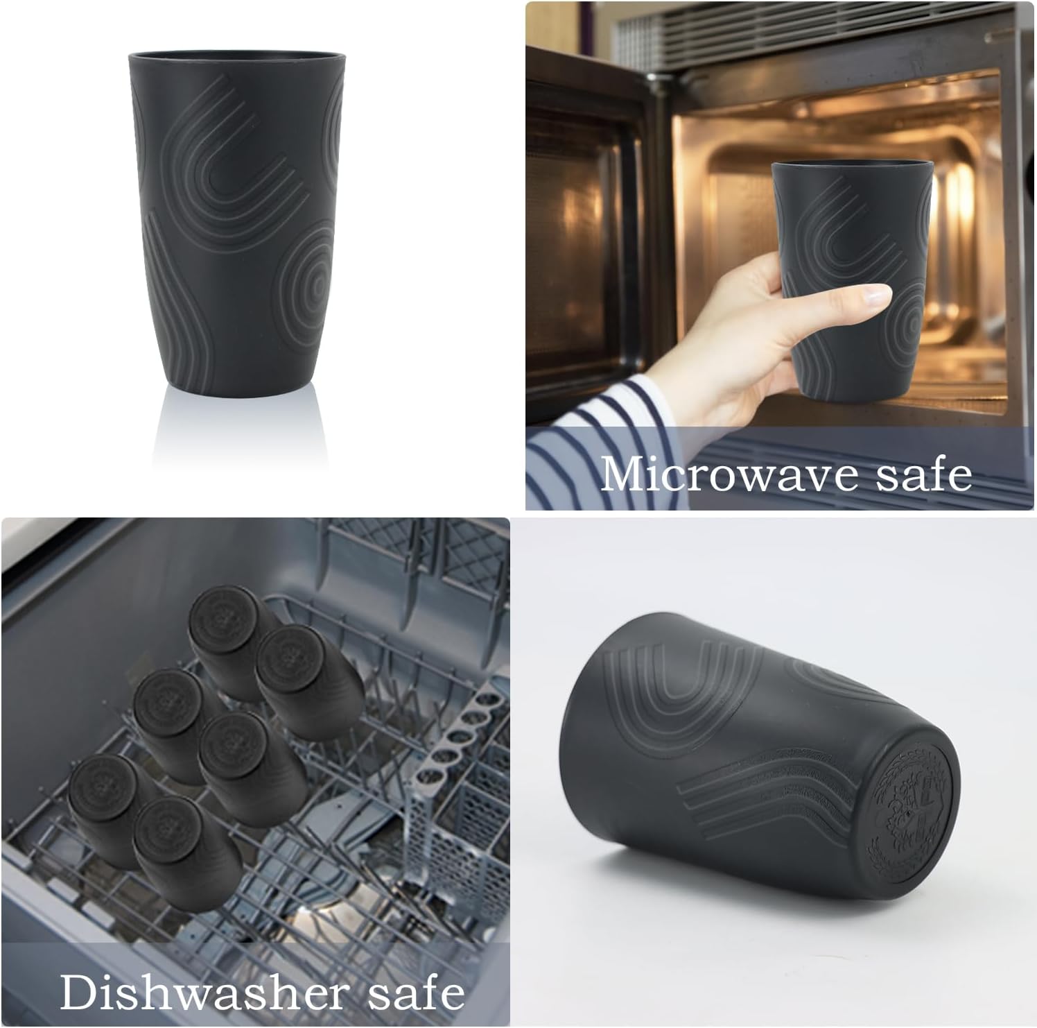 Wrova Wheat Straw Cups 16oz Tumbler Set of 8 with Etched Pattern - Alternative Plastic Cups Dishwasher Safe - Plastic Drinking Cups Unbreakable for Kids - Black to Grey - Image 5