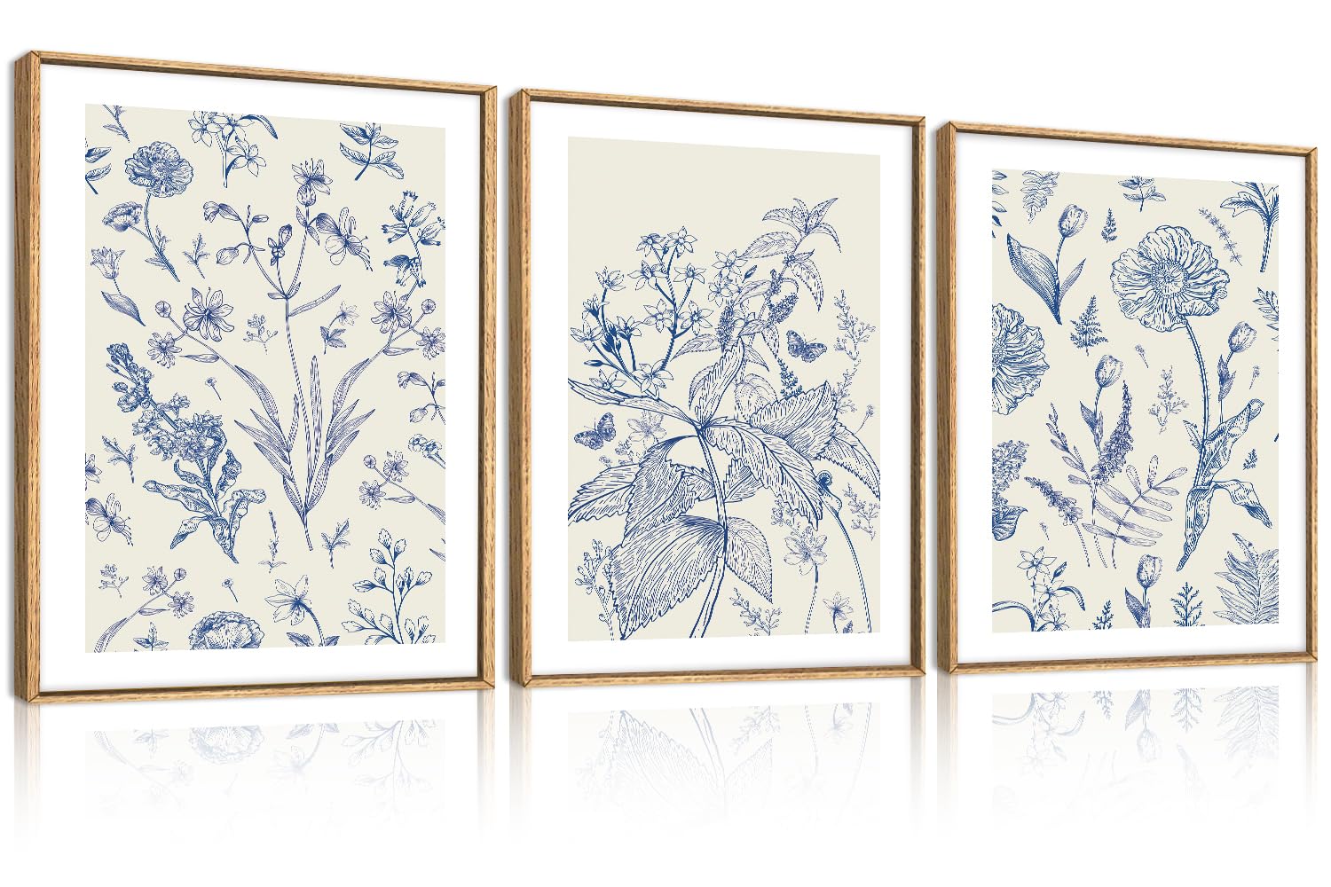 KAIRNE Blue White Chinoiserie Floral Framed Canvas Wall Art Set-24"x36"x3