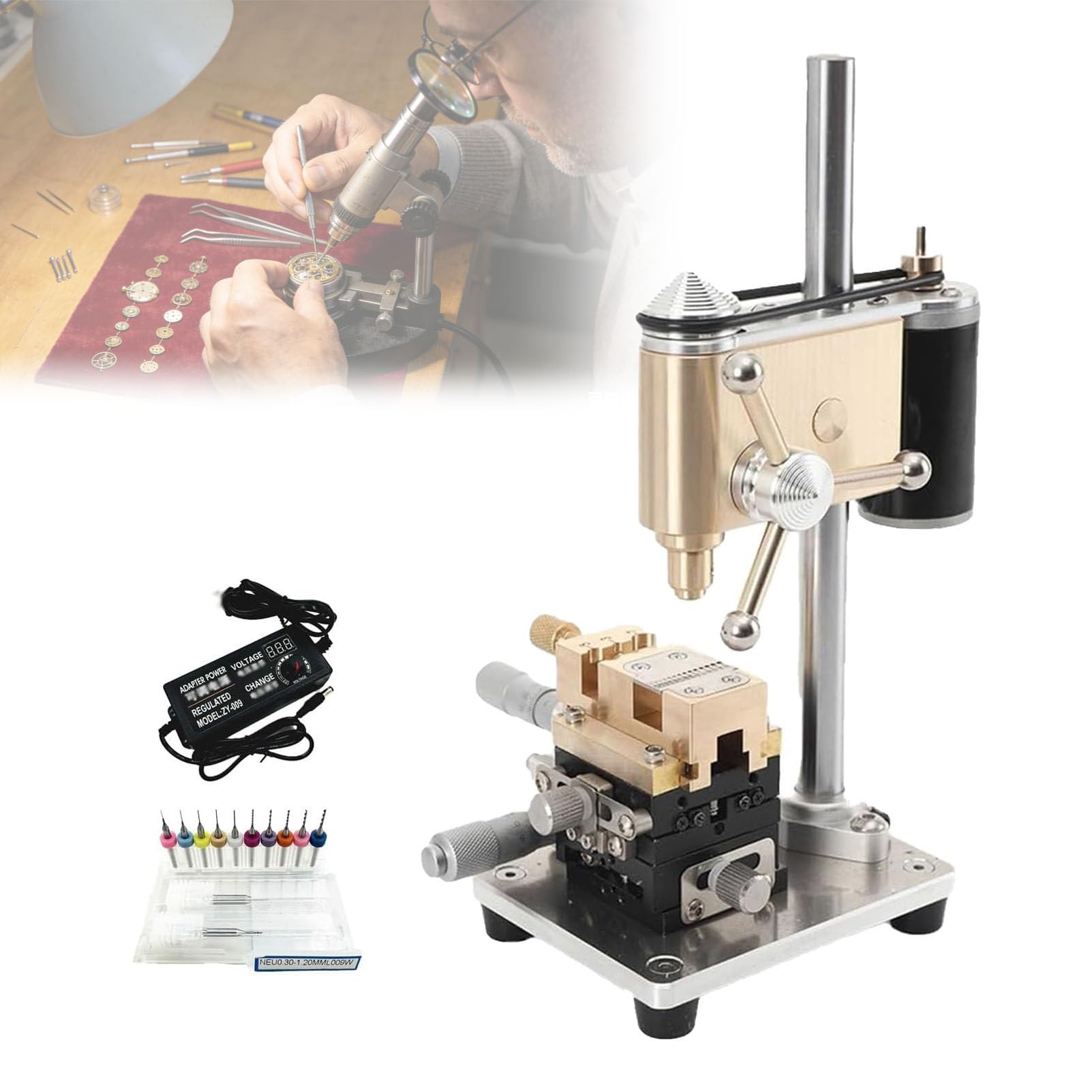 KJZQXYX Precision Watch Drill Press, Variable Speed Benchtop Drill, Adjustable Voltage Mini Bench Drill,for Watch Repair & Jeweler Engraving