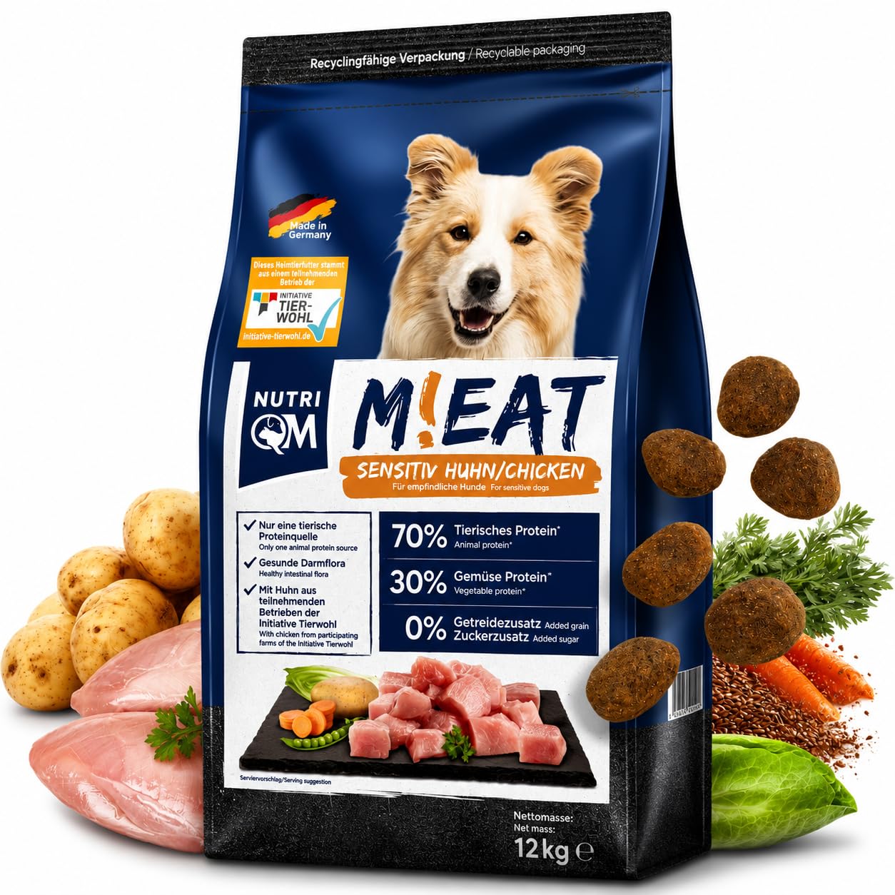 NutriQM® Sensitiv Trockenfutter Getreidefrei | 12 kg | Monoprotein Huhn 70% | Hundefutter Trocken Sensitiv für empfindliche Hunde | Ohne Zusatzstoffe | Mit Omega 3 aus Lachsöl | Made in Germany