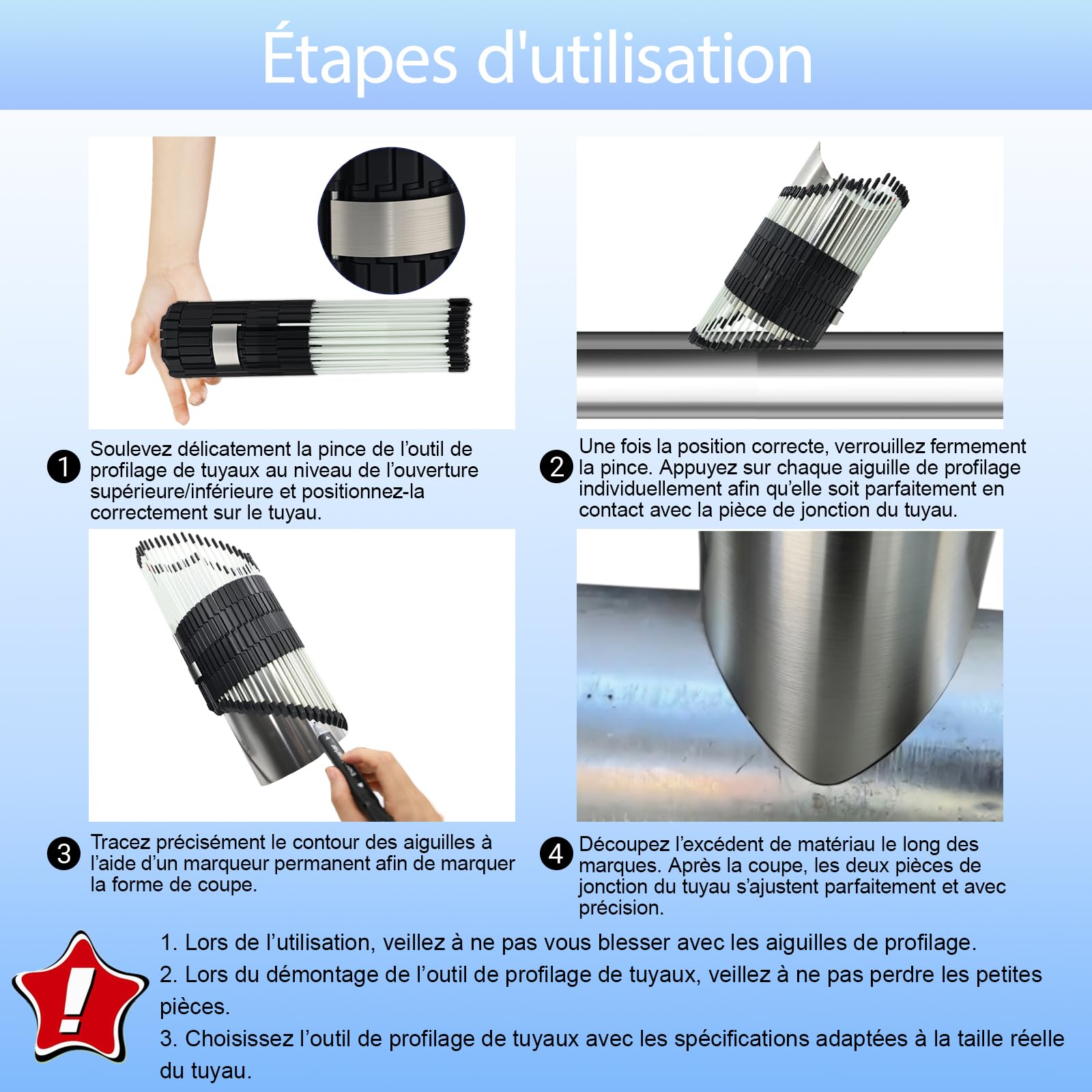 Outil de Profilage de Tuyaux Multifonction, Gabarit de Contour pour Copie de Formes de Tuyaux, Jauge de Mesure pour Carrelage Menuiserie Plomberie Métal et Rénovation (Tuyaux de 0–3″) (Tuyaux de 0–6″)