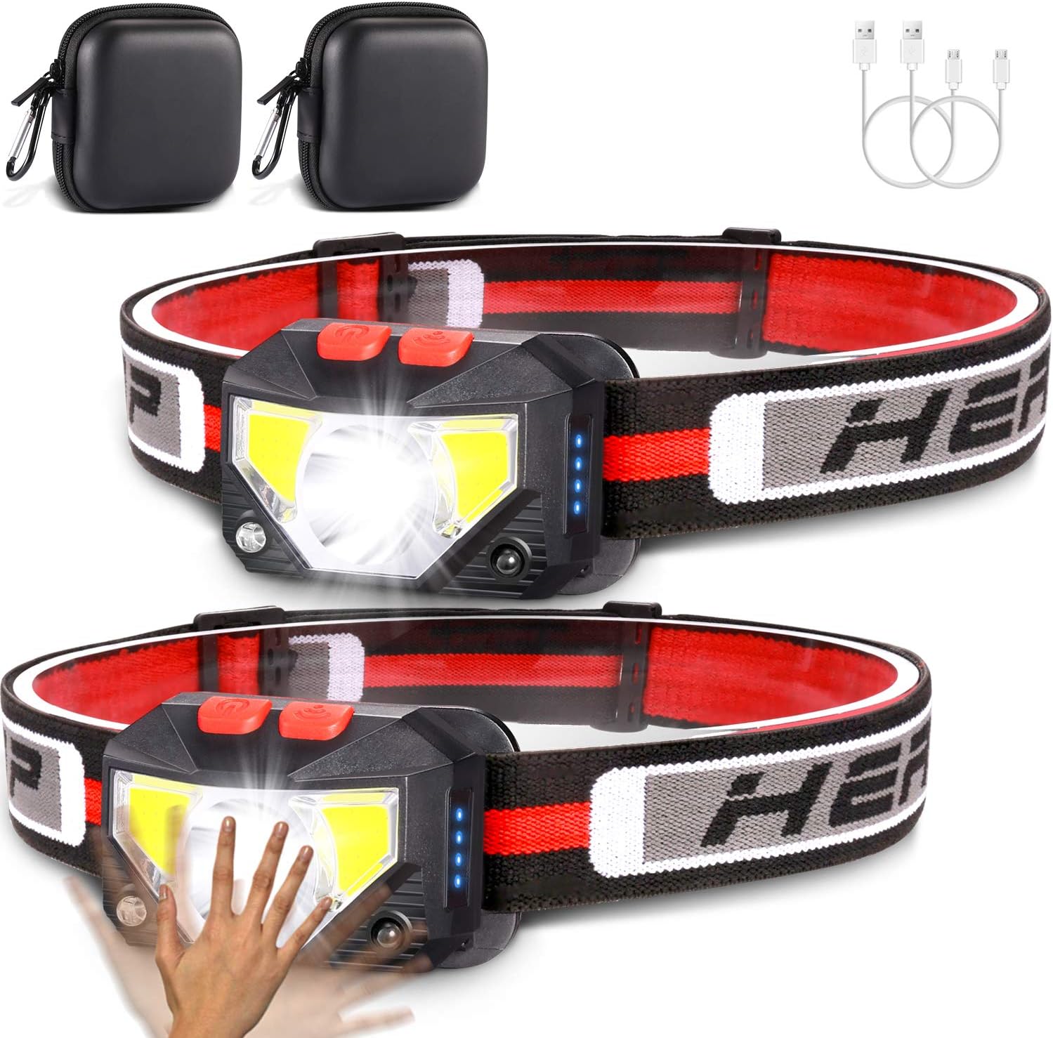 Rechargeable Headlamp Flashlight, Motion Sensor LED Headlamp, 800 Lumens Ultra Bright White & Red Light, 8 Modes Headlights, IPX4 Waterproof, Running Camping Hiking Headlamps for Adults & Kids, 2-Pack