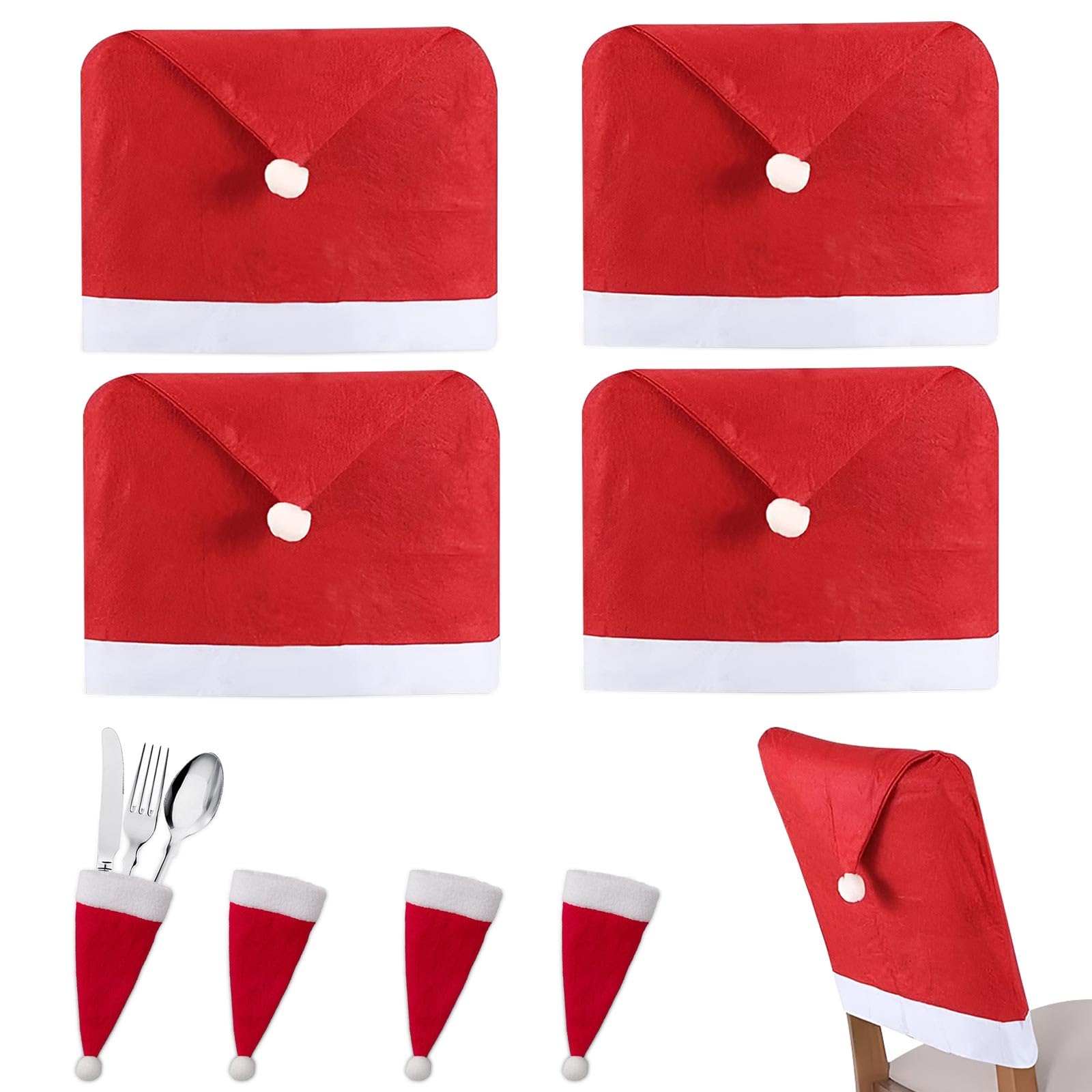Set Coprisedie Natalizi 4 Pezzi Con Mini Cappelli Portaposate - Tessuto Non Tessuto, Rosso E Bianco, Lavabile