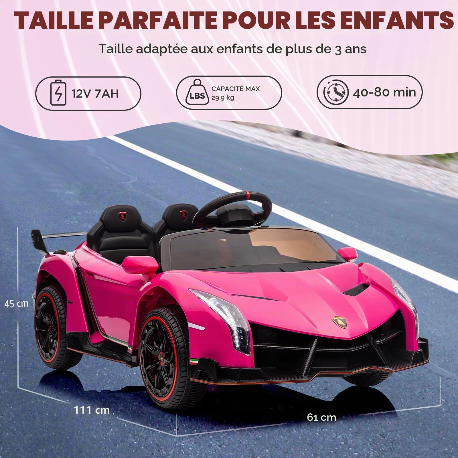 IDEALHOUSE Voiture électrique enfant 12V Lamborghini sous licence – Portes papillon – Télécommande parentale – LED, musique sans fil/USB/MP3 – Siège large – Pour enfants dès 3 ans – Couleur : rose Red