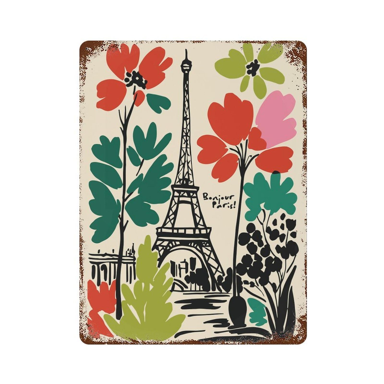 Bonjour Paris Floral Eiffel Tower Art Aged Metal Wall Plaque 15.7"x11.8", for Office, Studio And Wall Decor, Novelty Wall Decor