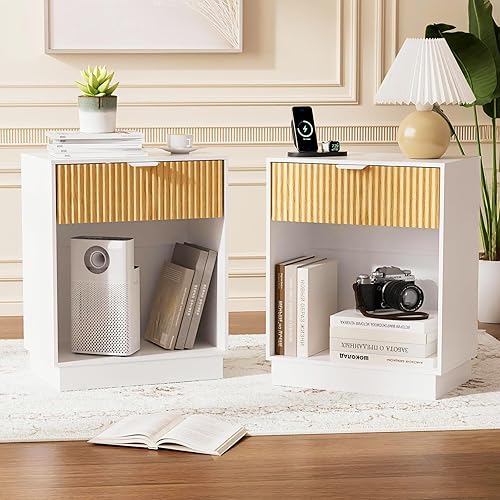 Miniatura 1 de Juego de 2 mesitas de noche acanaladas, moderna mesita de noche con cajón y estante de almacenamiento, mesa auxiliar de madera de mediados de siglo