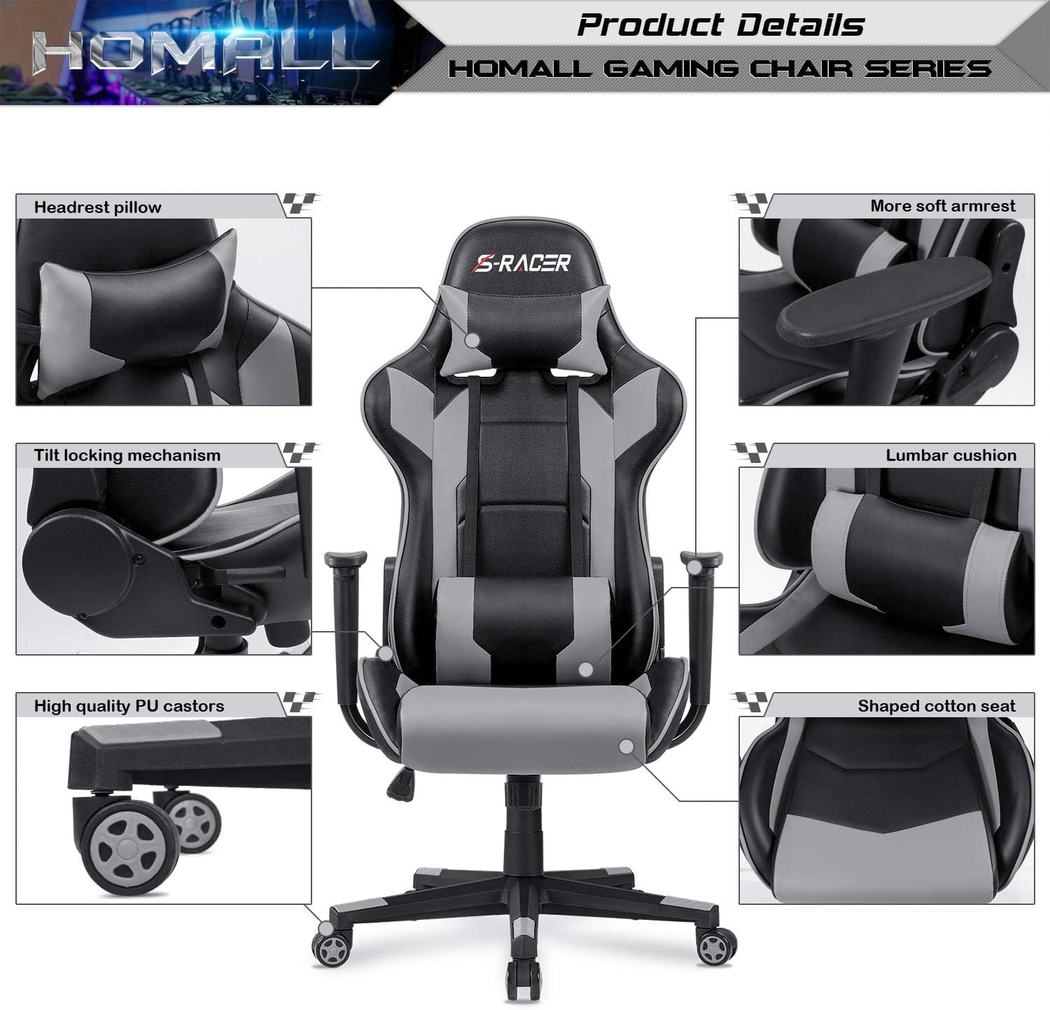 Homall Gaming stoel met led, 150 kg belastbaarheid, ergonomische
