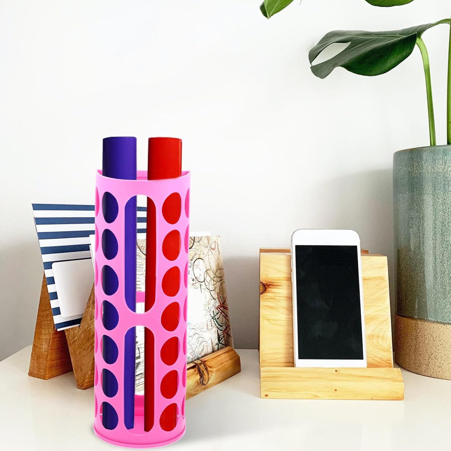 Pink Plastic Vinyl Roll Rack with 14 Holes for Wrapping Paper