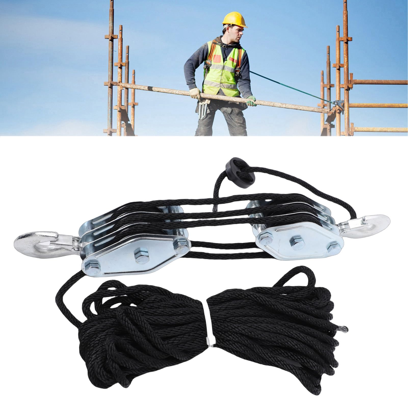 Fafeicy de Polea de Polipasto de Cuerda, 3 Ruedas, Cuerda de 15 M, Resistencia a la Rotura de 2200 Libras, Bloque Eléctrico de Elevación 6:1 y Aparejos para Elevación de Garaje,