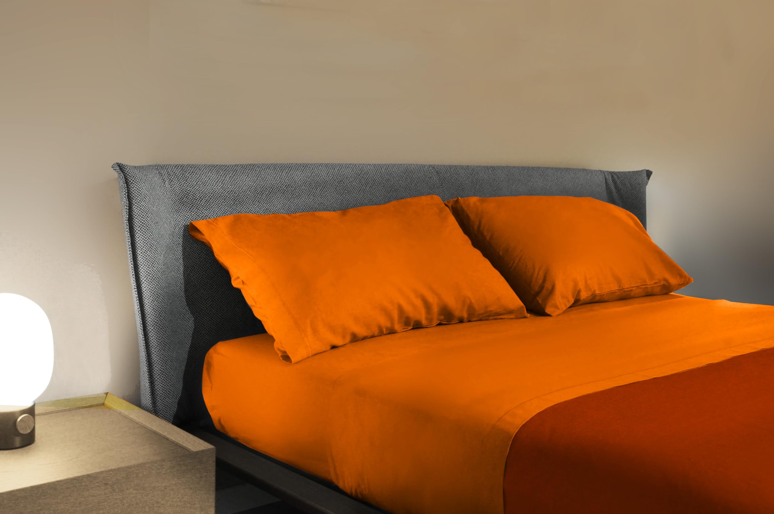 Completo Lenzuola Matrimoniale 100% Cotone - Ipoallergenico, Una Piazza E Mezza, Colore Arancio